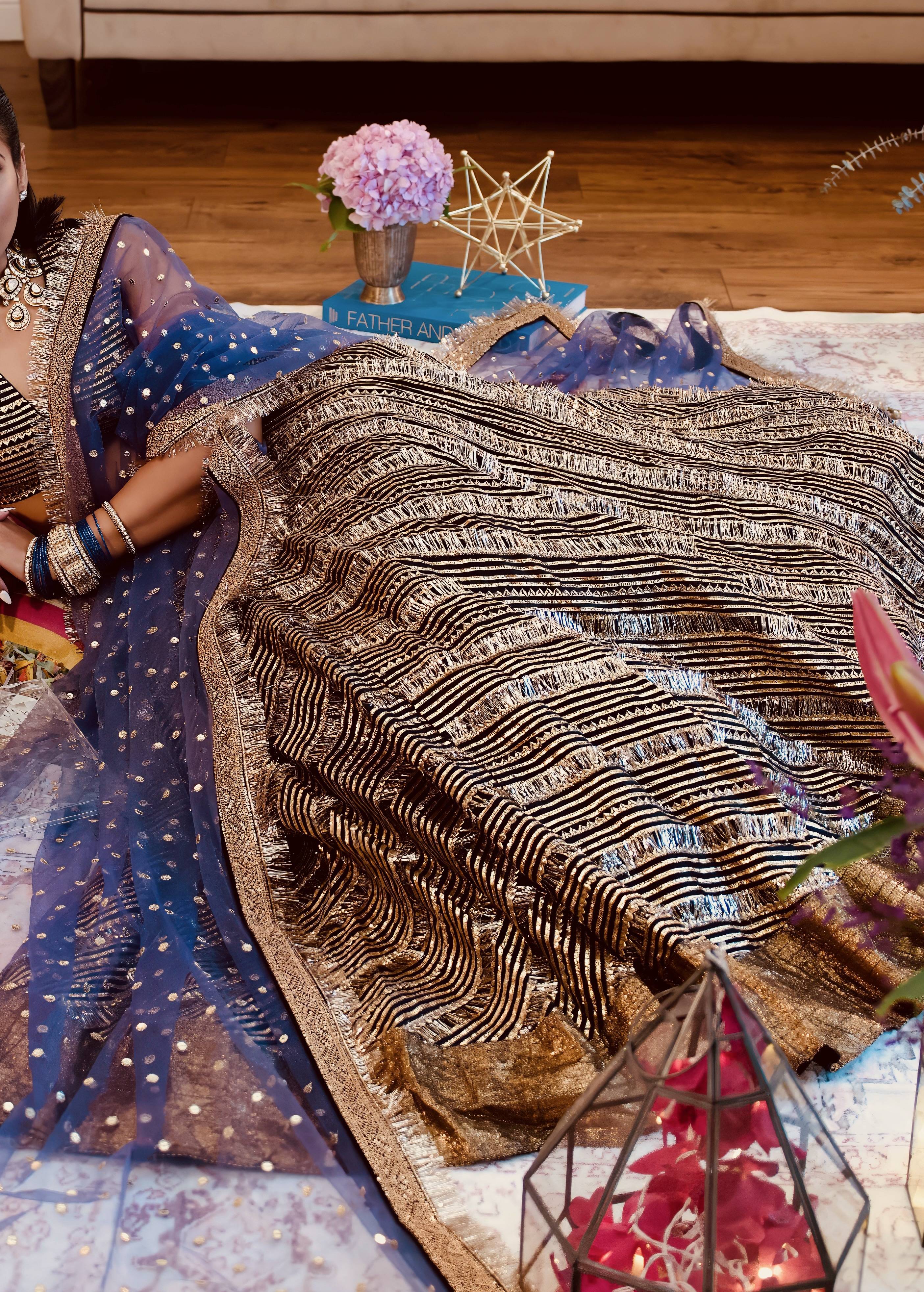 Black and Gold Sequin Lehenga with Blue Dupatta Image - 8