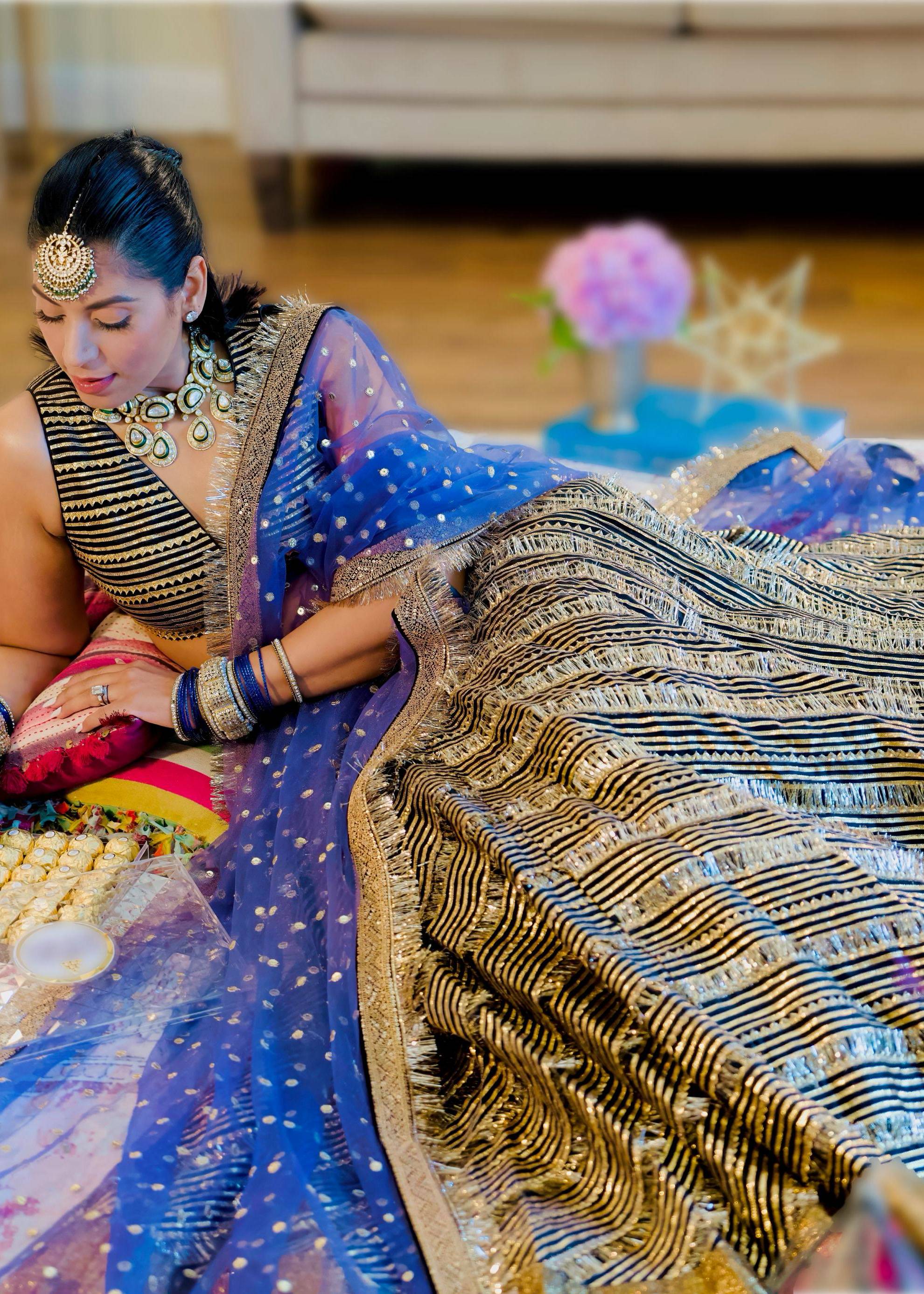 Black and Gold Sequin Lehenga with Blue Dupatta Image - 3
