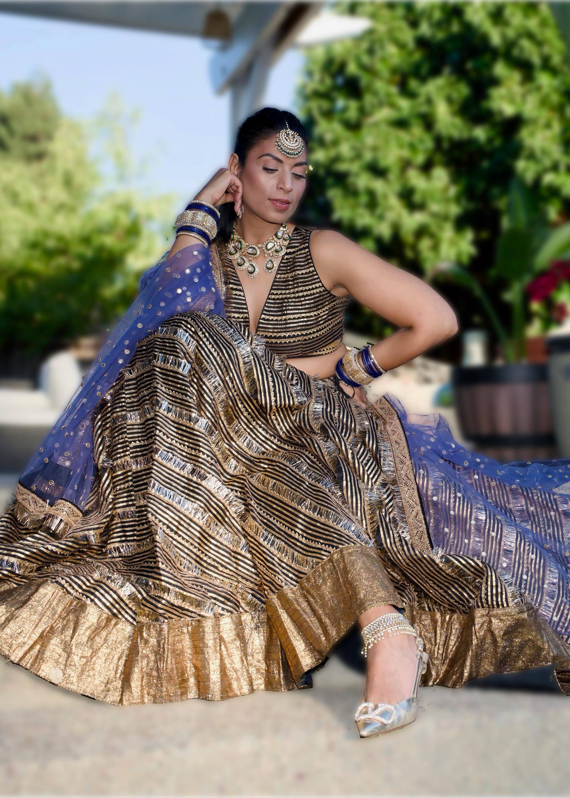 Black and Gold Sequin Lehenga with Blue Dupatta Image - 2