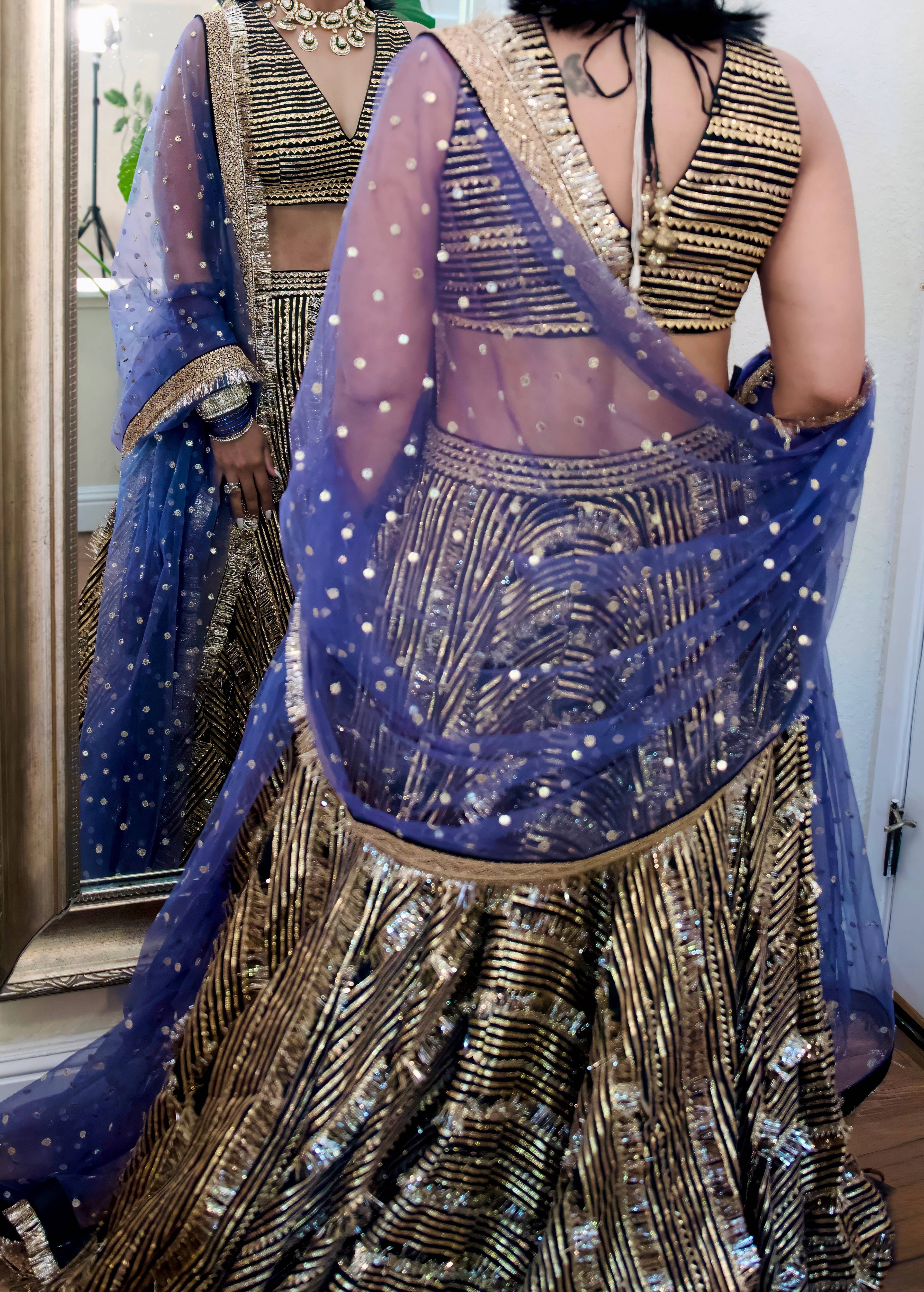 Black and Gold Sequin Lehenga with Blue Dupatta Image - 1