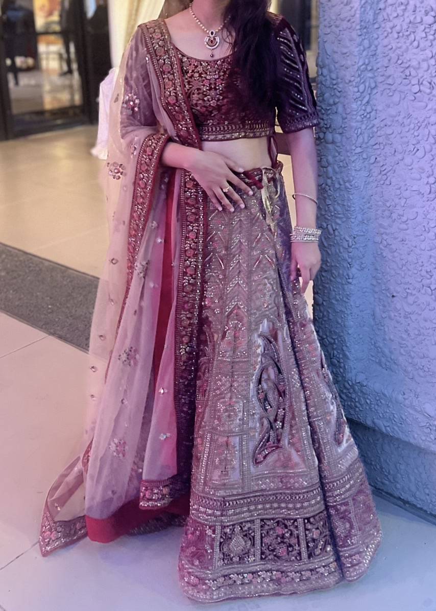 Maroon Velvet Lehenga Set Image - 0