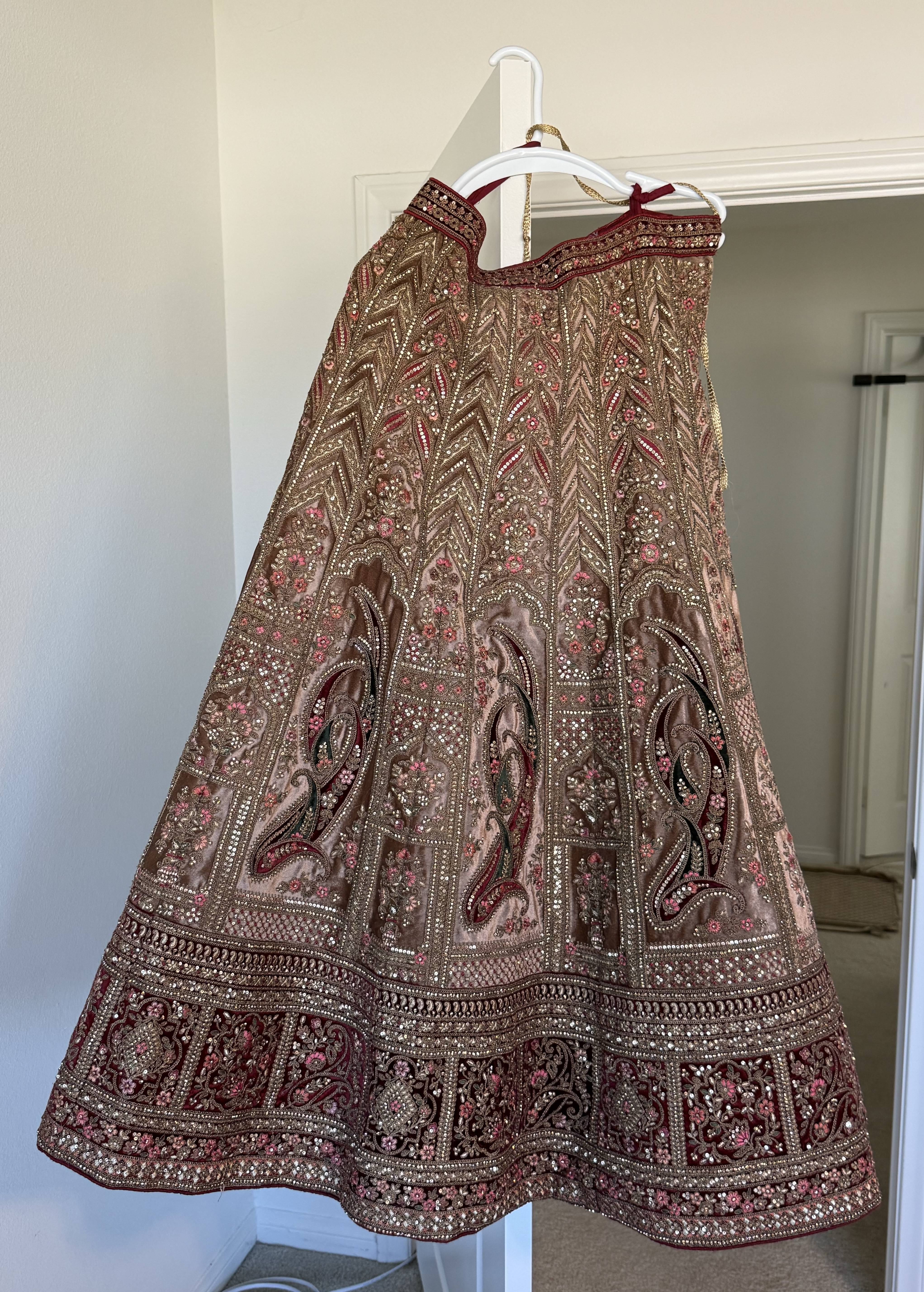 Maroon Velvet Lehenga Set Image - 1