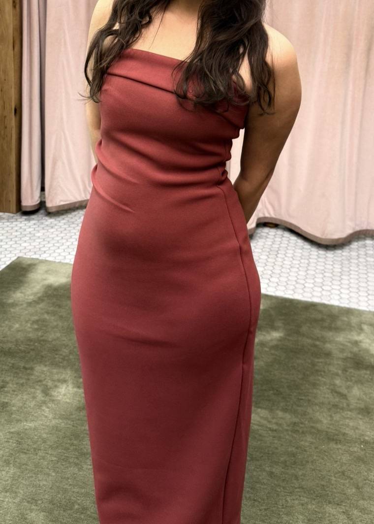 Maroon Strapless Fold-Over Midi Dress Image - 2