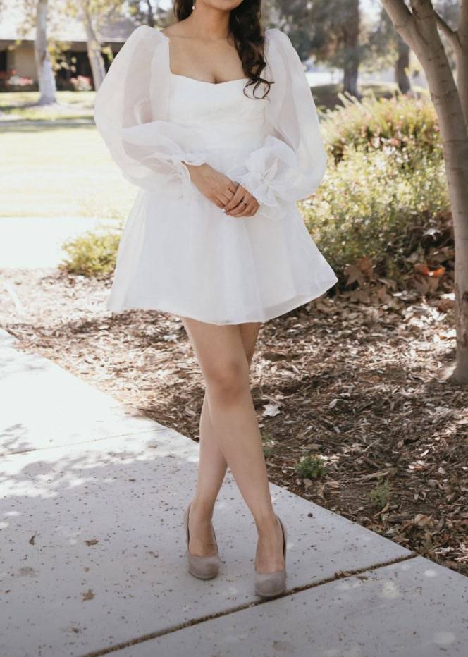White Organza Puff-Sleeve Mini Dress Image - 0