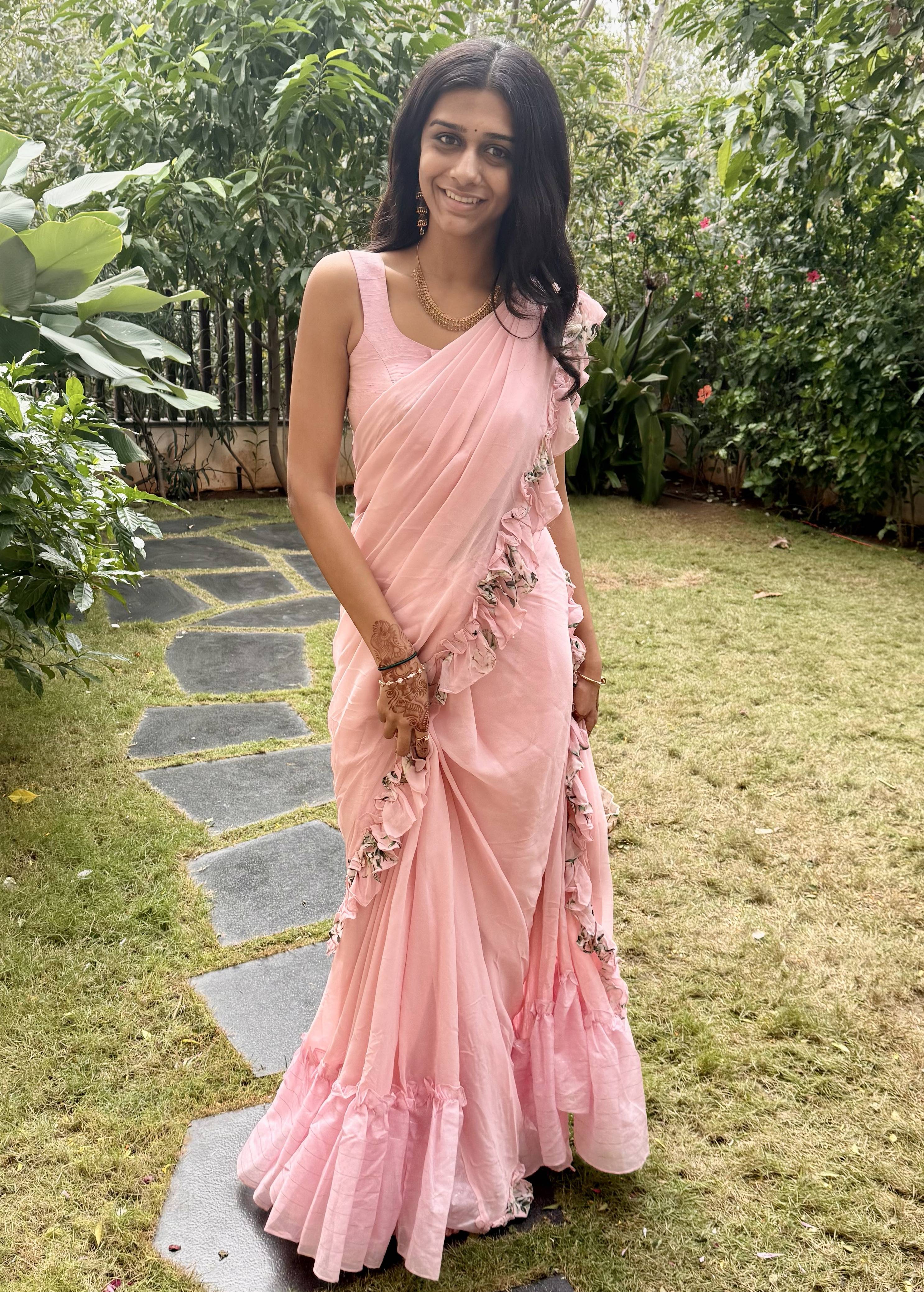 Blush Pink Ruffle Sari Set Image - 0