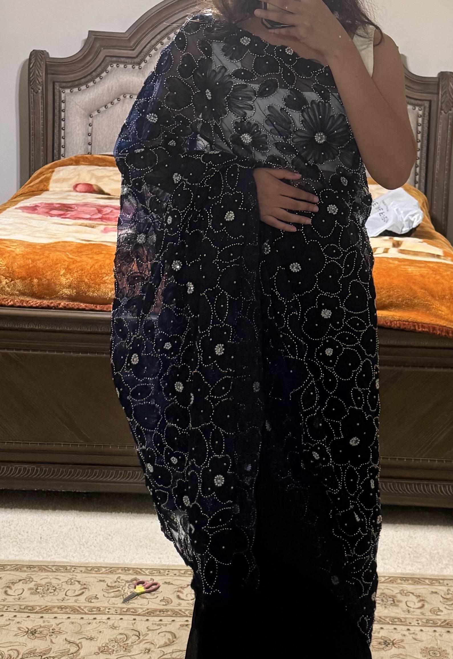 Navy Floral Embellished Net Sari Image - 2
