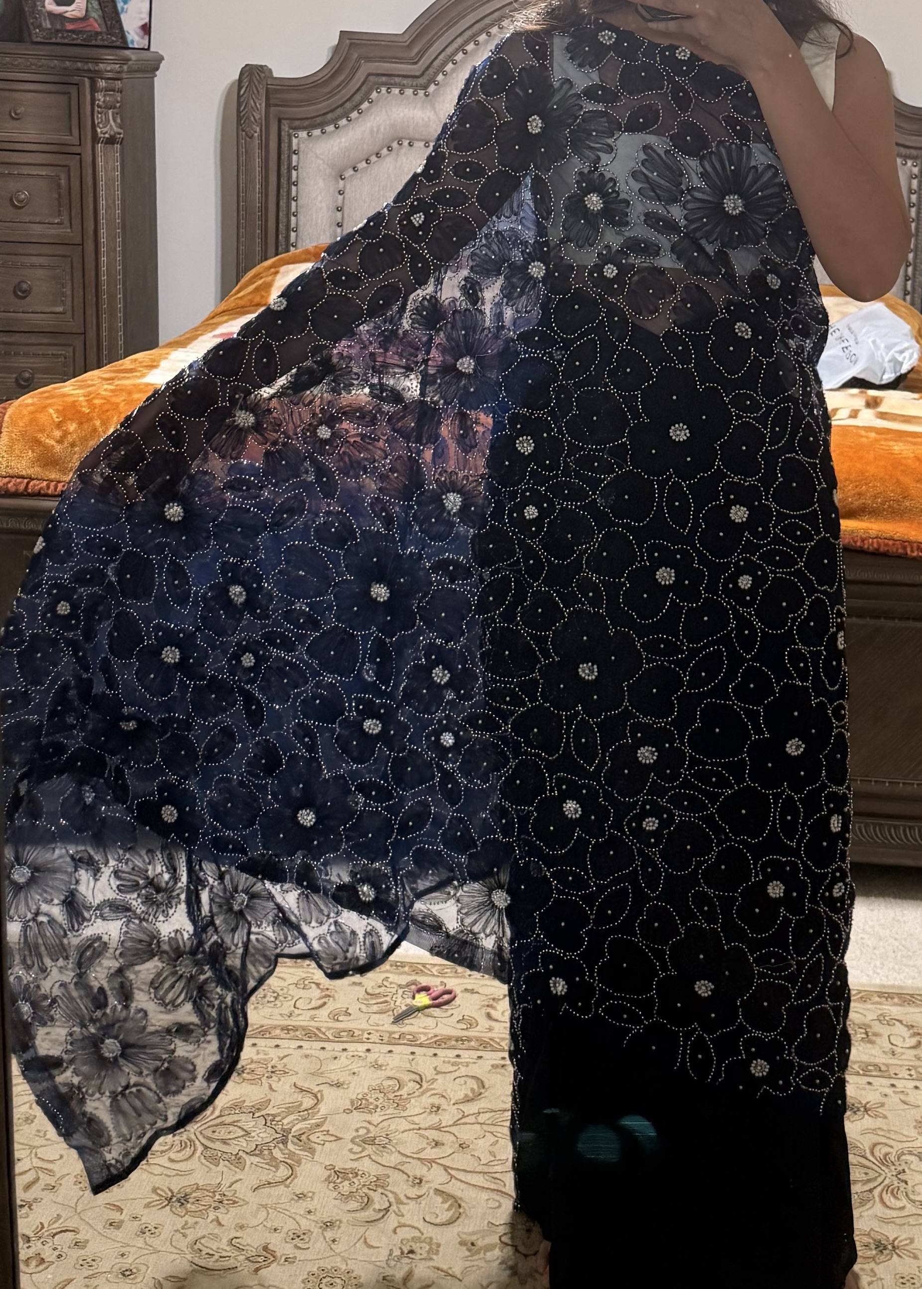 Navy Floral Embellished Net Sari Image - 3