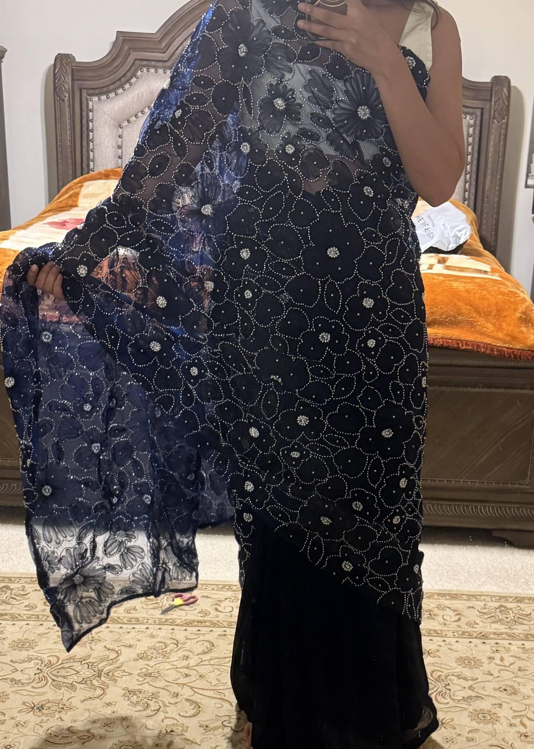 Navy Floral Embellished Net Sari Image - 1