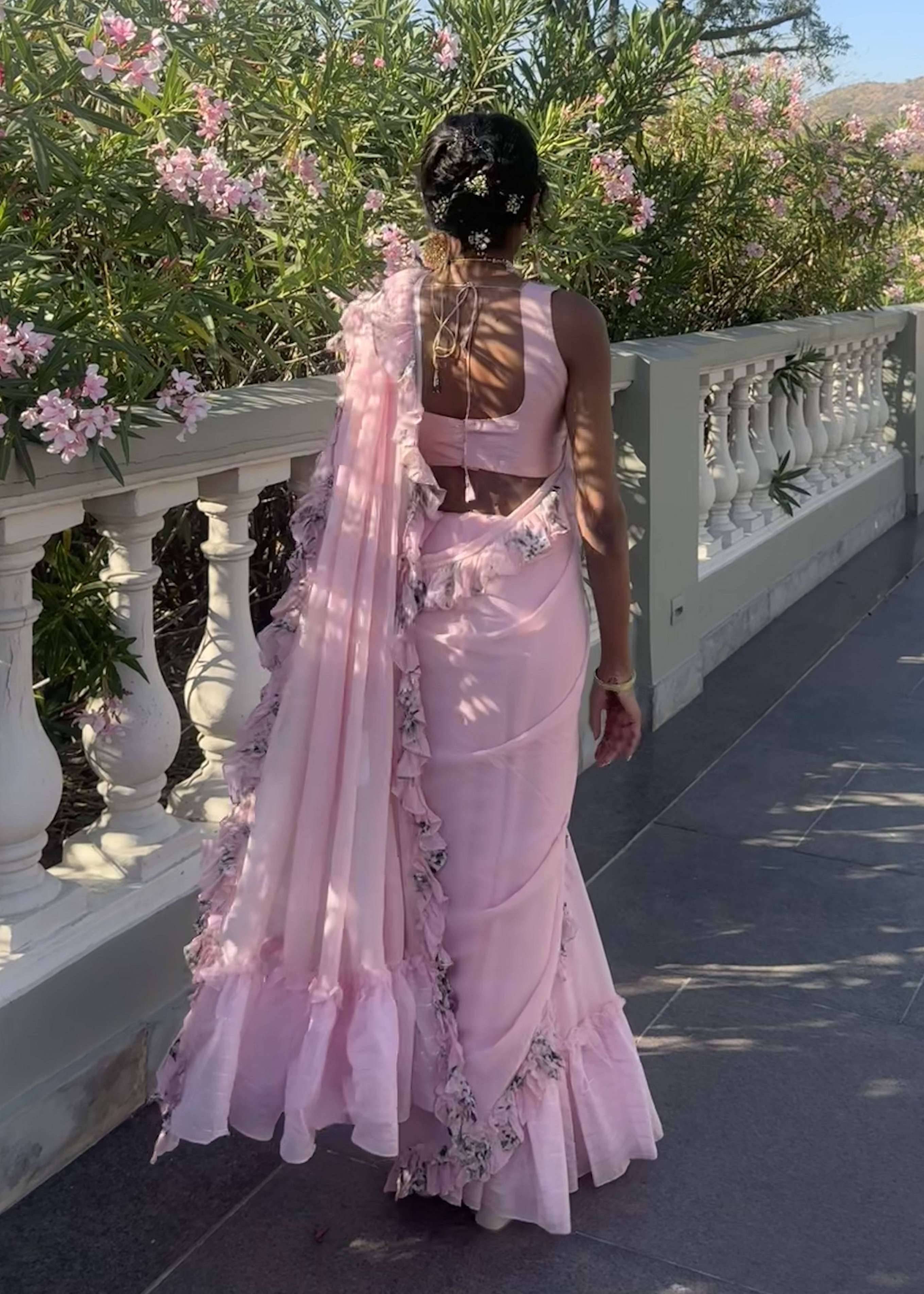 Blush Pink Ruffle Sari Set Image - 1