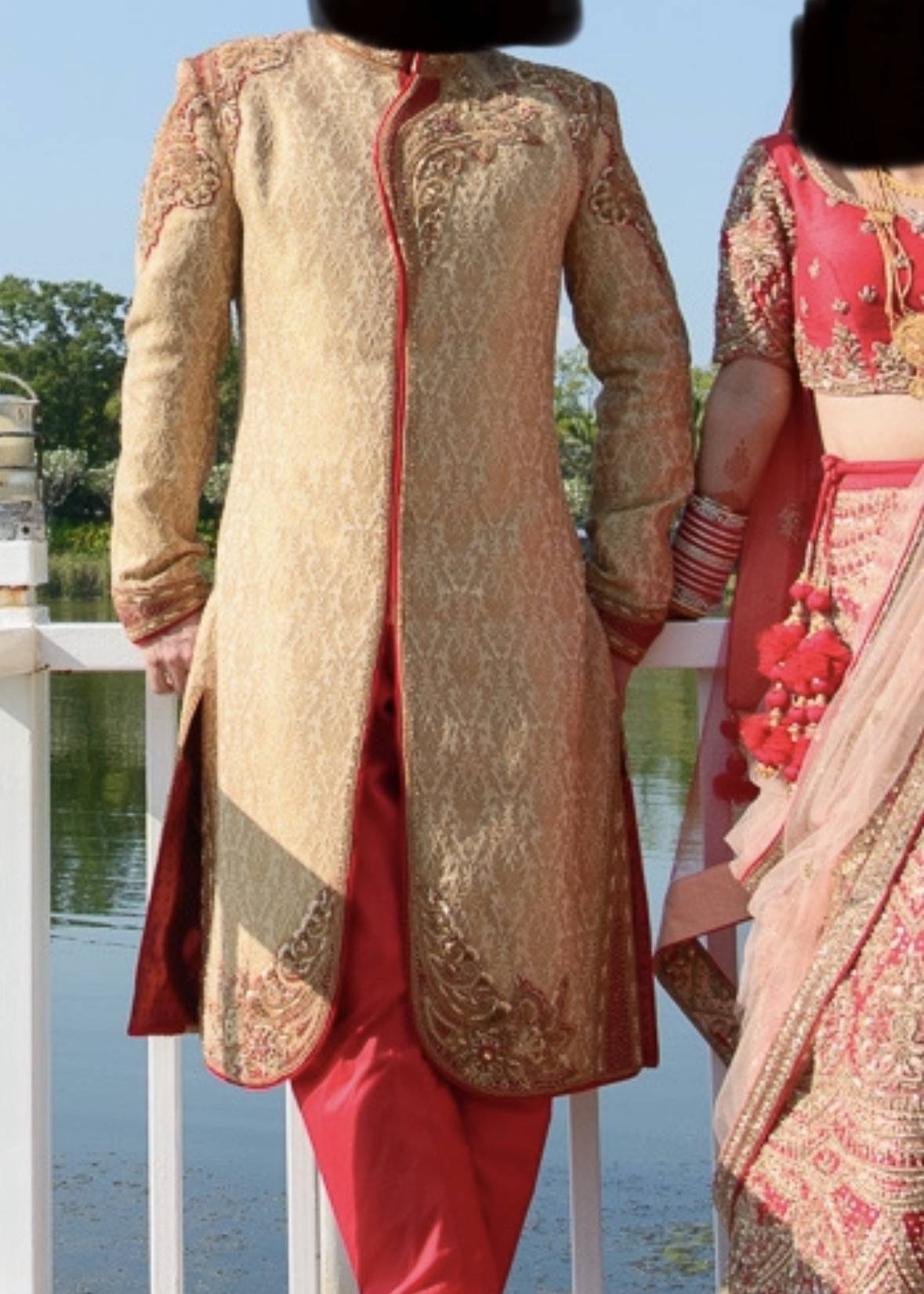 Gold Brocade Sherwani with Red Churidar Image - 0