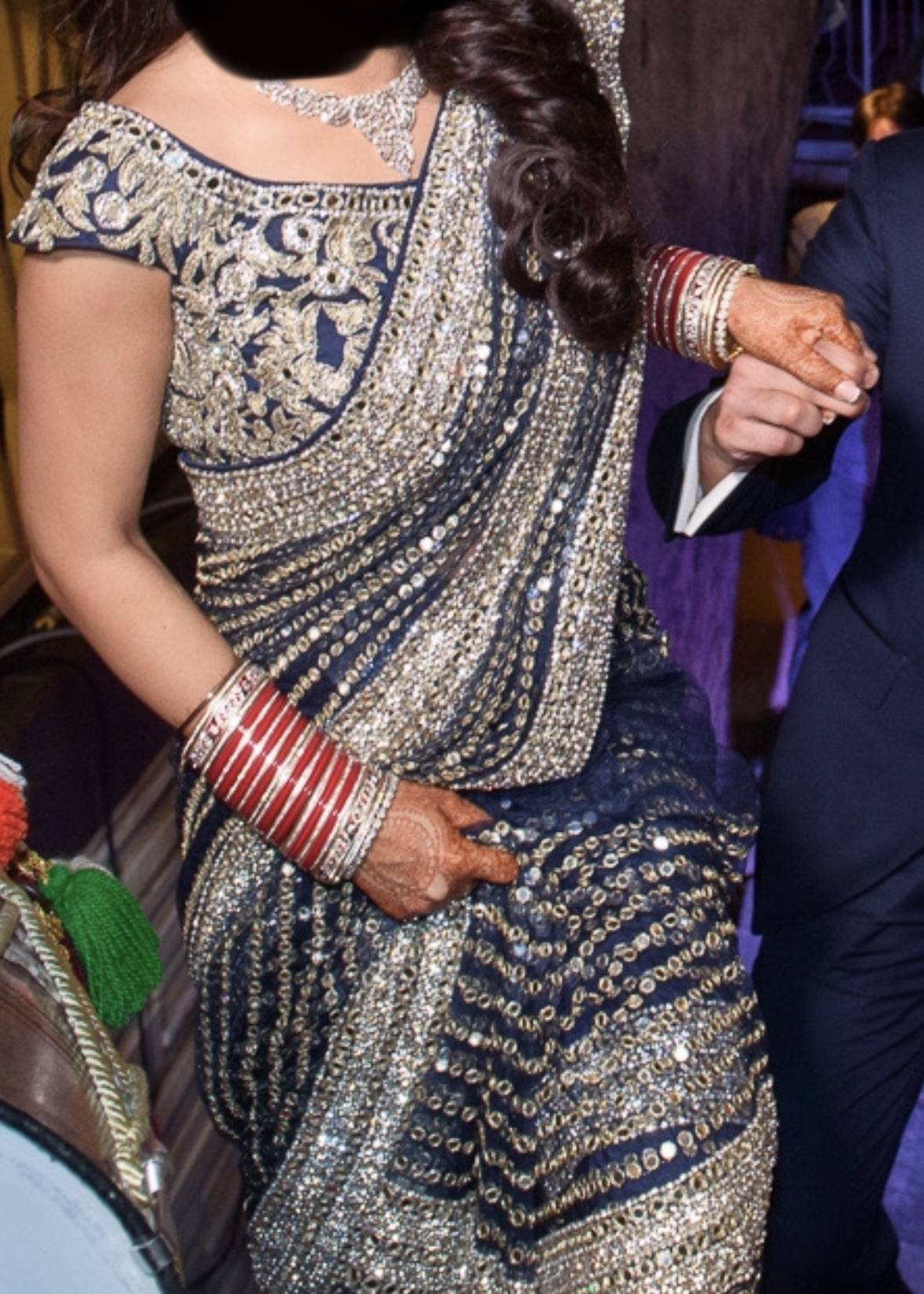 Navy and Silver Crystal Embellished Sari Image - 1