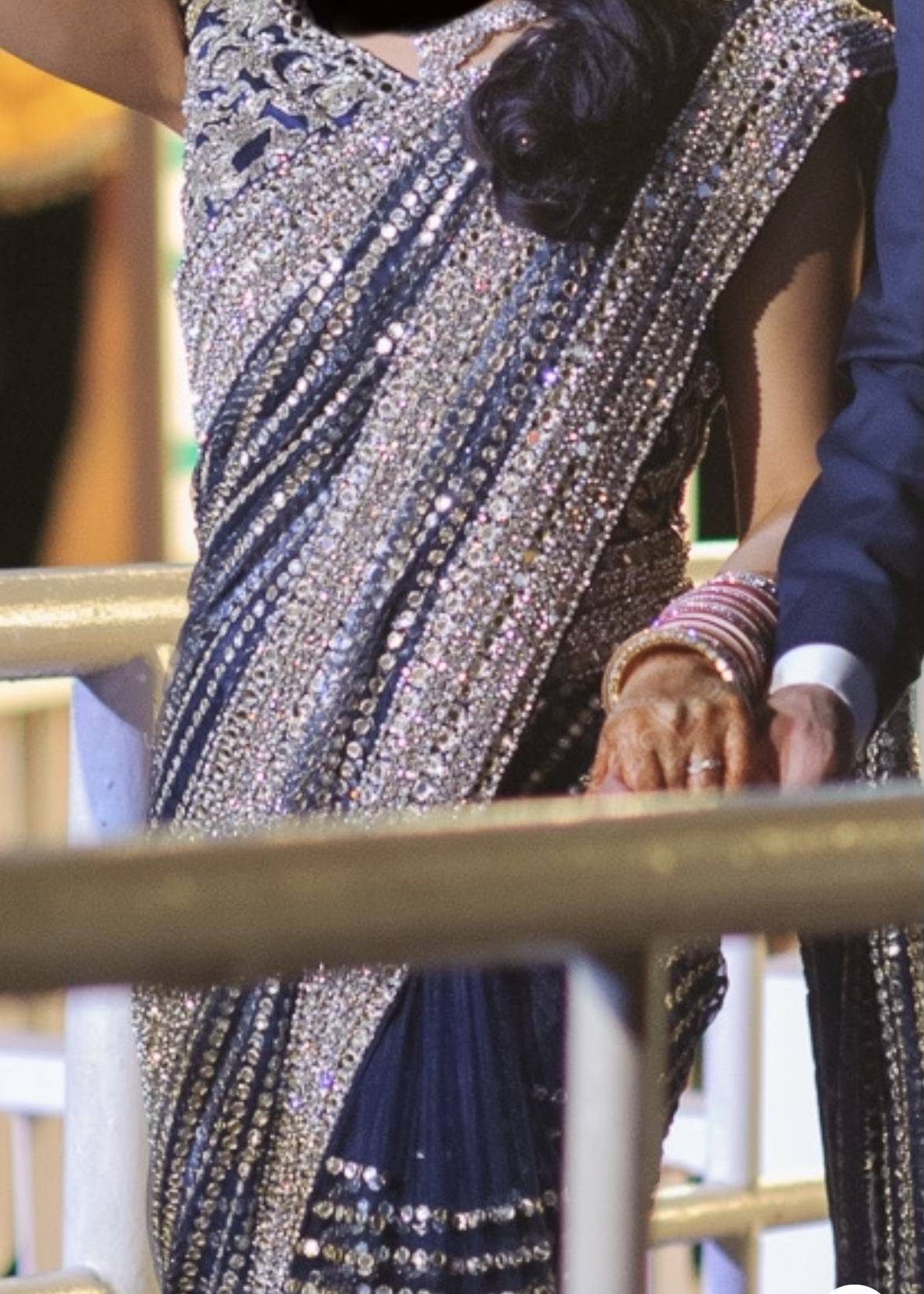 Navy and Silver Crystal Embellished Sari Image - 2