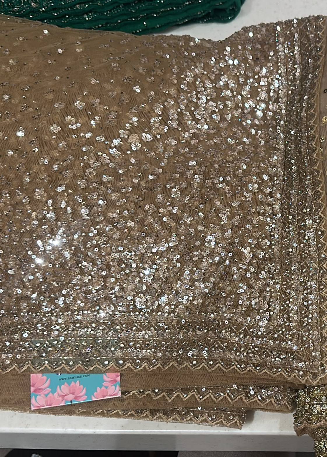 Gold Sequin Embellished Net Sari Image - 1