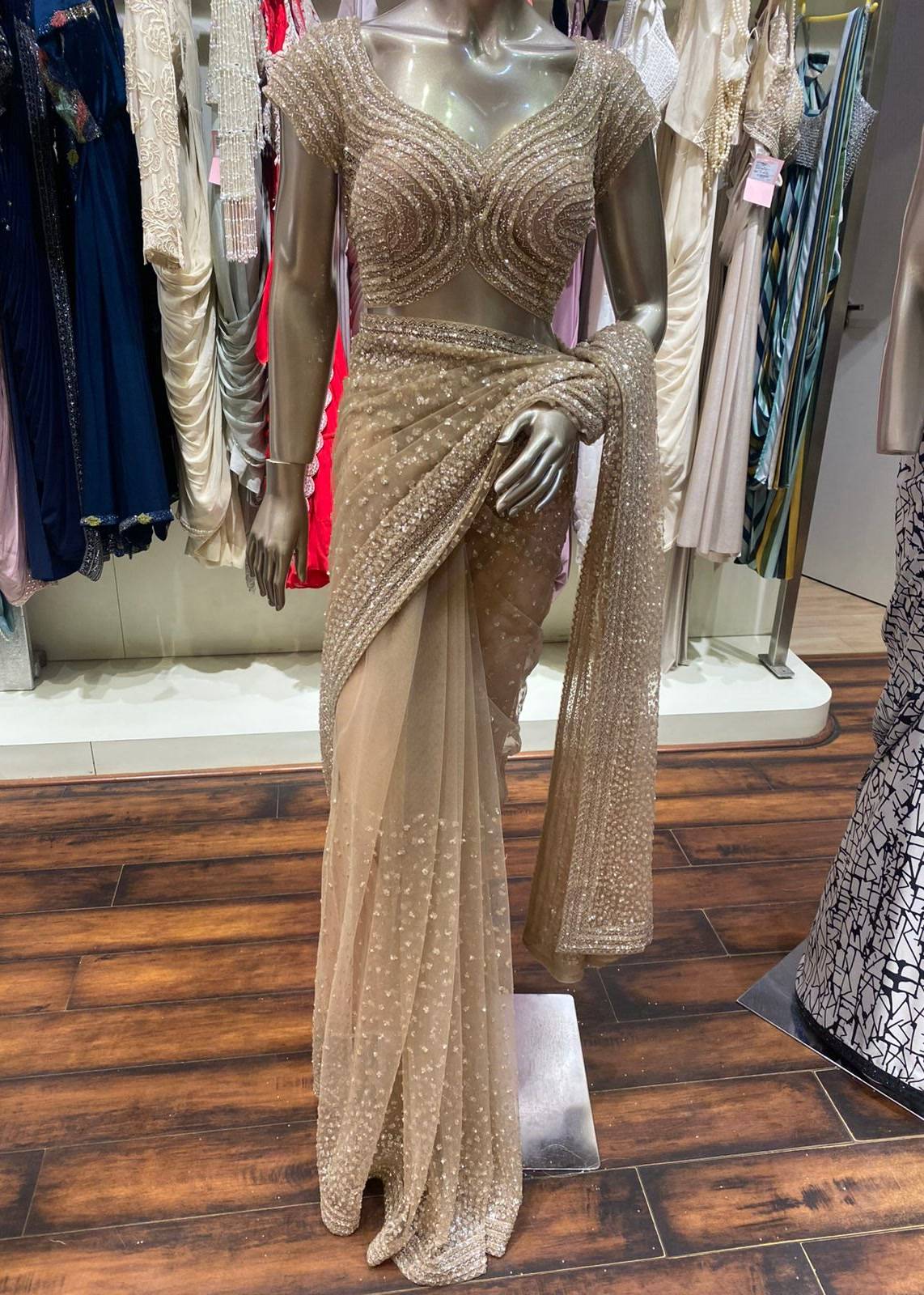 Gold Sequin Embellished Net Sari Image - 0