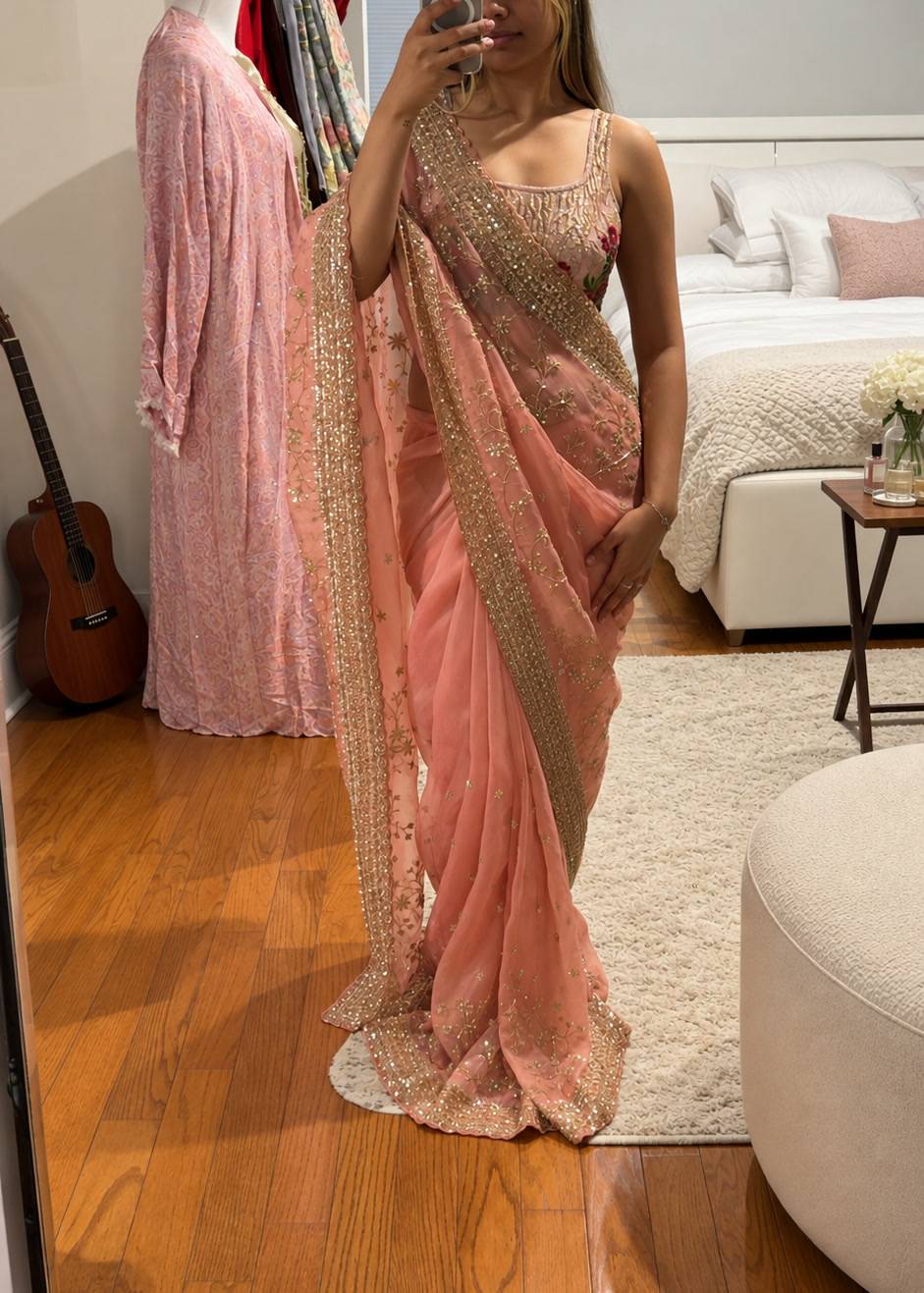 Peach Organza Sari with Gold Sequin Border Image - 1