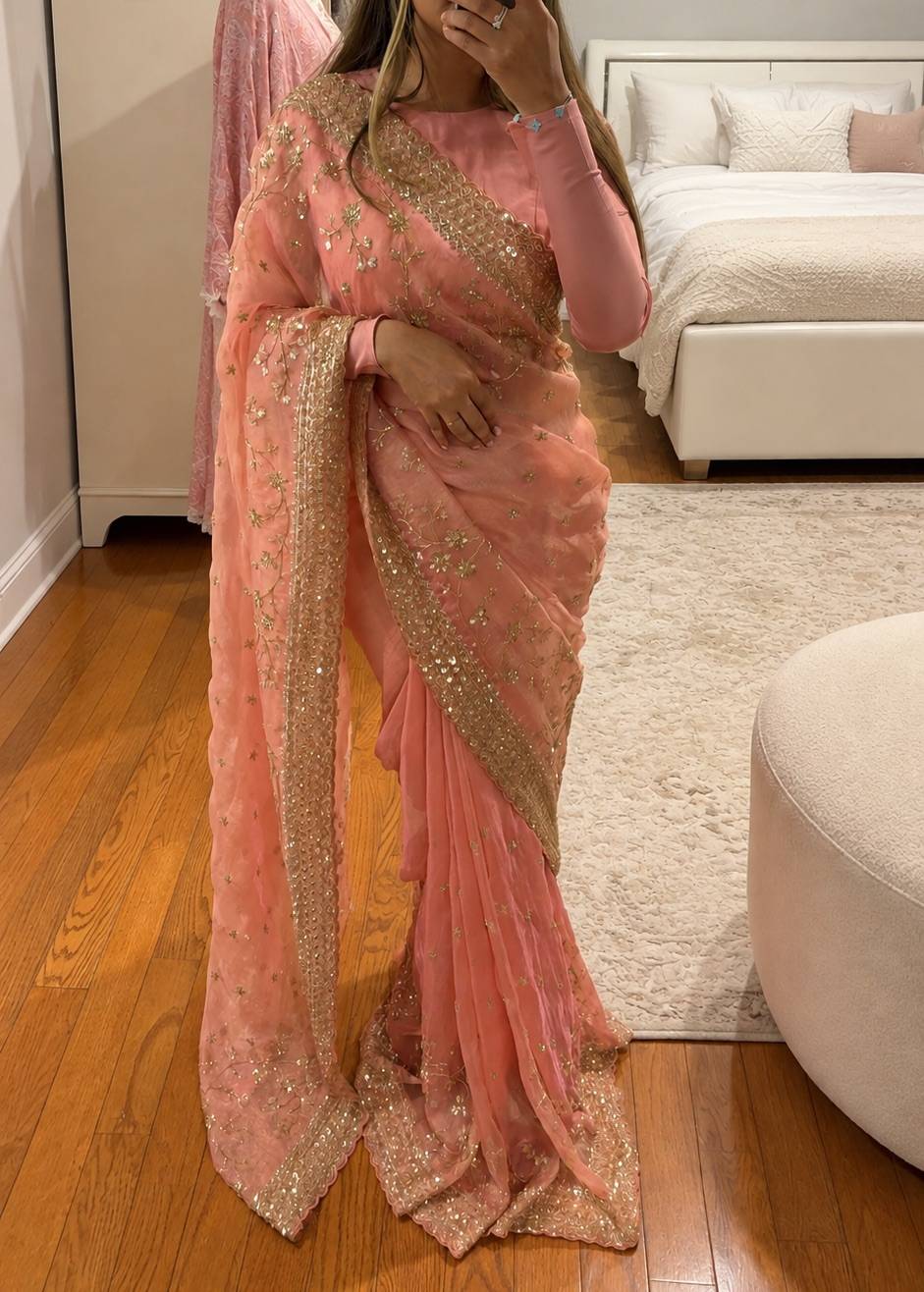 Peach Organza Sari with Gold Sequin Border Image - 0
