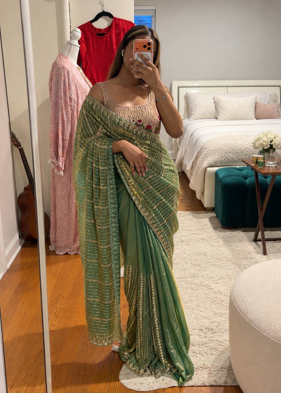 Green Ombre Sari with Gold Zari Stripes Image - 0