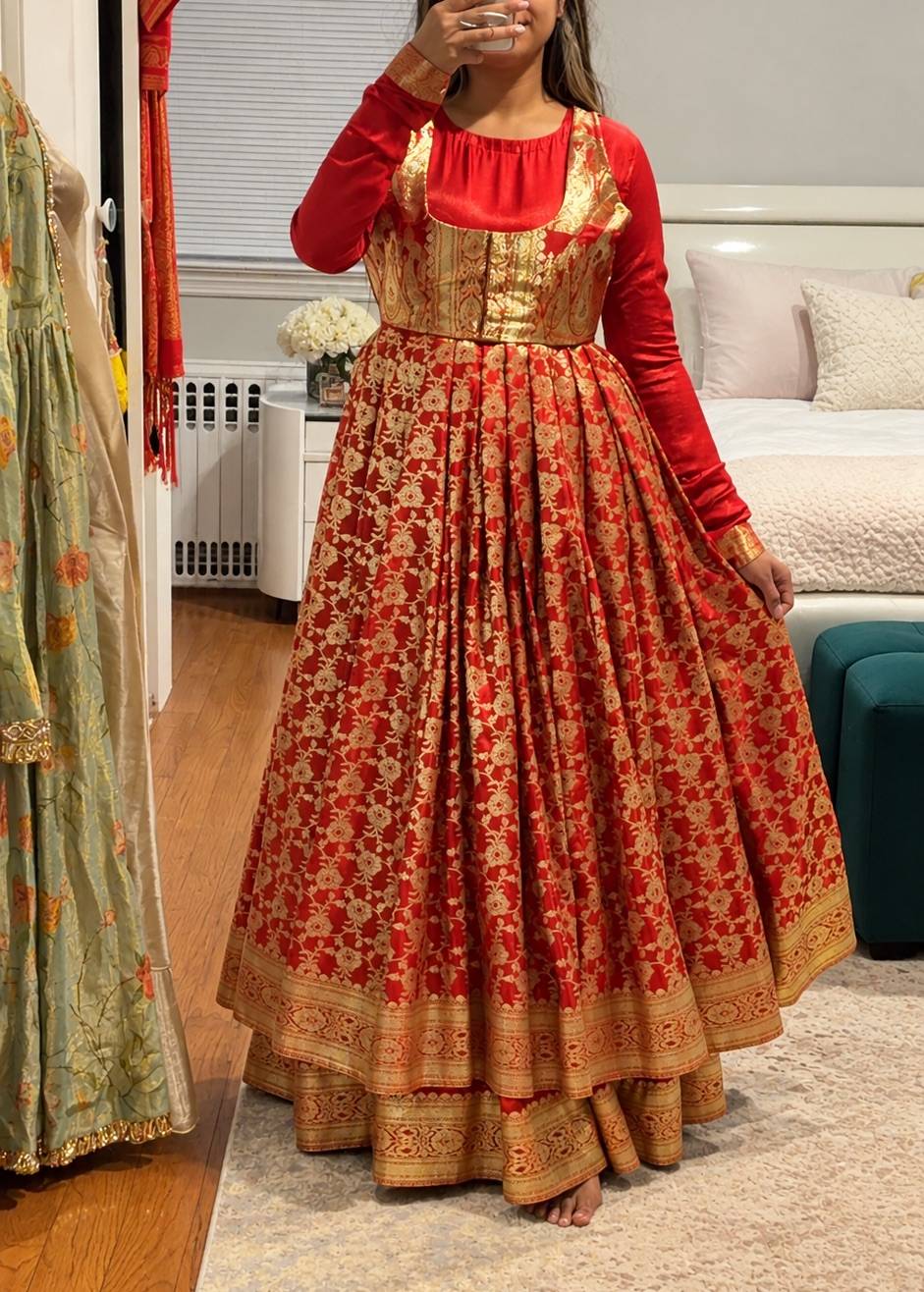 Red and Gold Banarasi Brocade Anarkali Image - 0