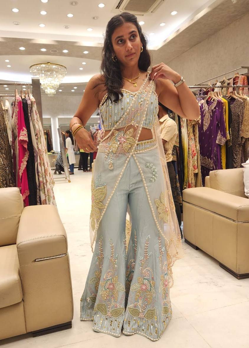 Pastel Blue Sari Sharara set Image - 1