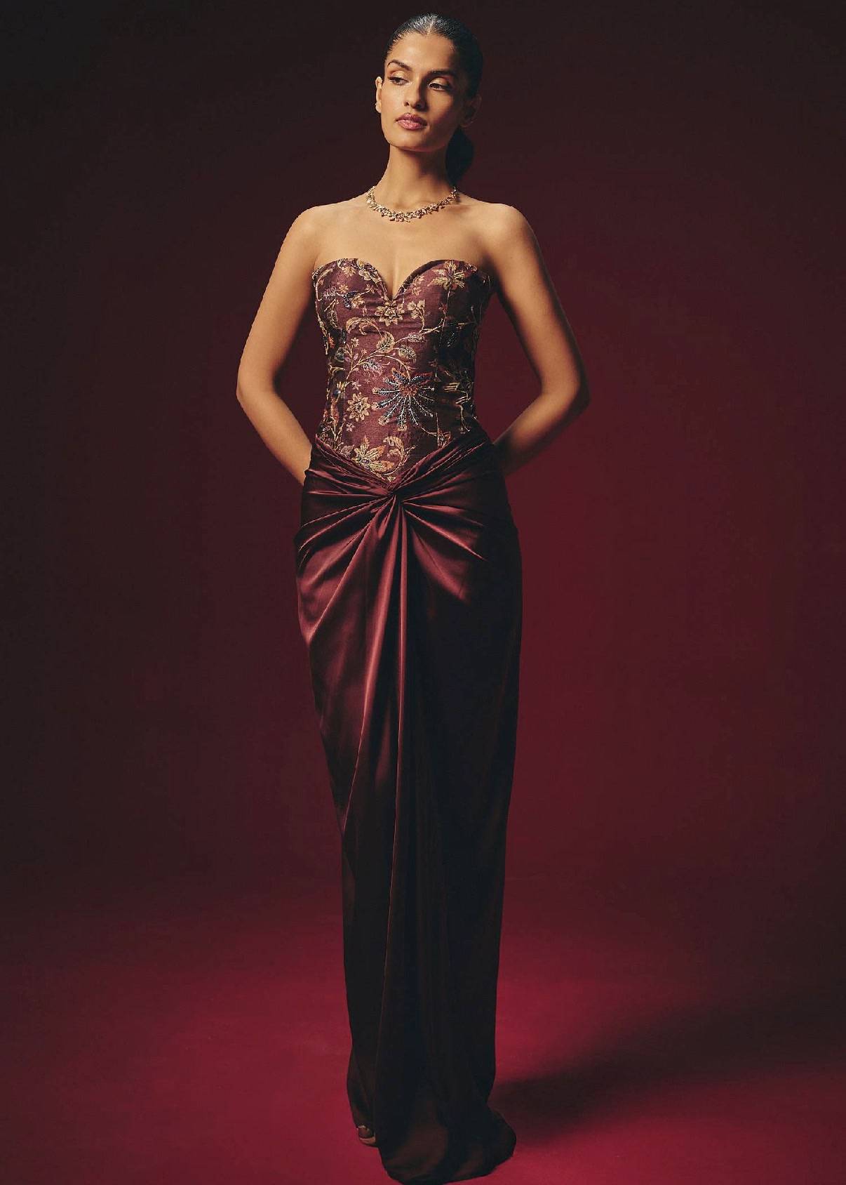 Maroon Brocade Corset Top Skirt Set Image - 0