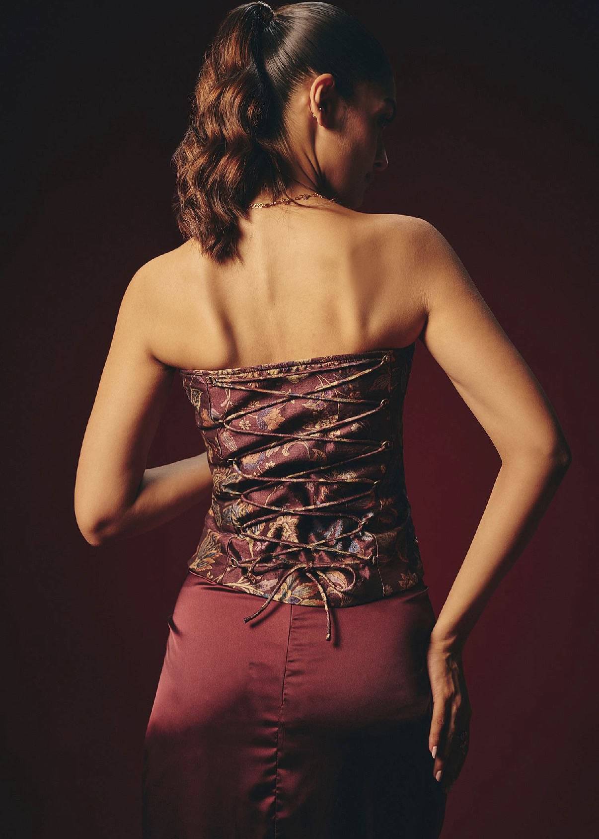 Maroon Brocade Corset Top Skirt Set Image - 1