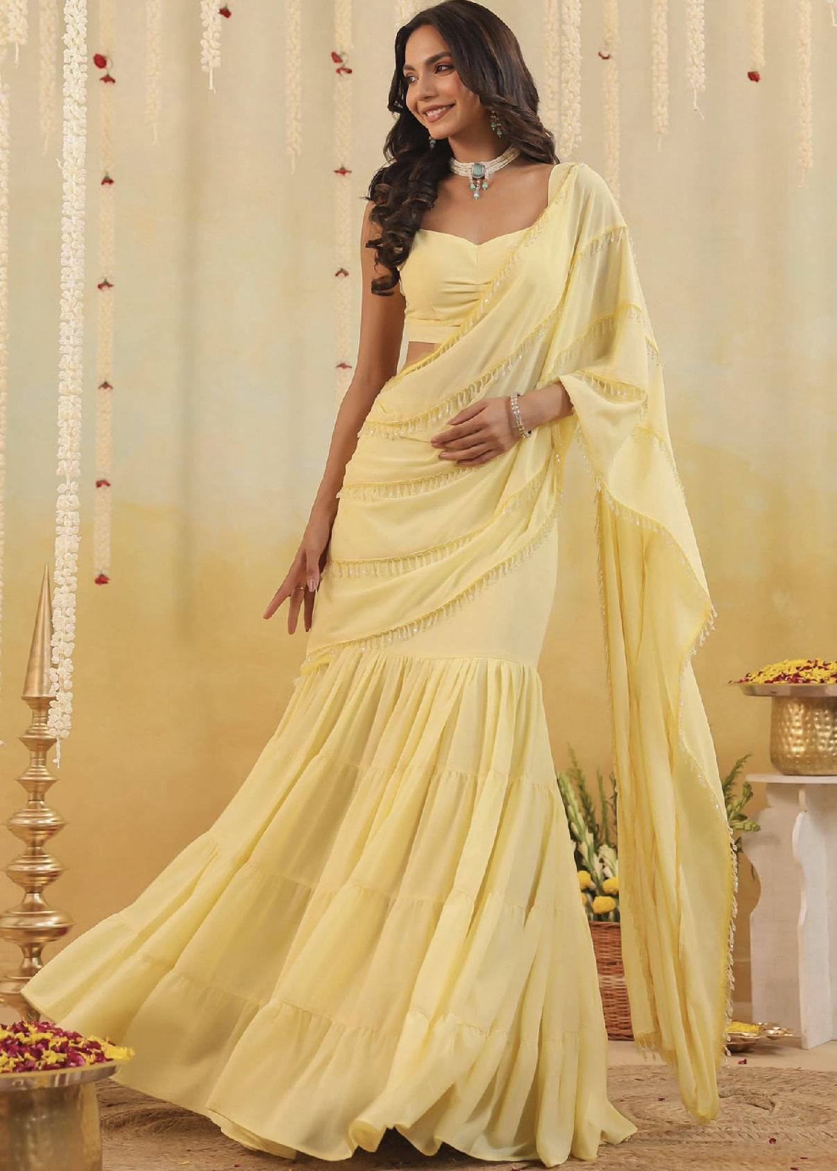 Butter Yellow Pre-Draped Ruffle Sari Image - 3