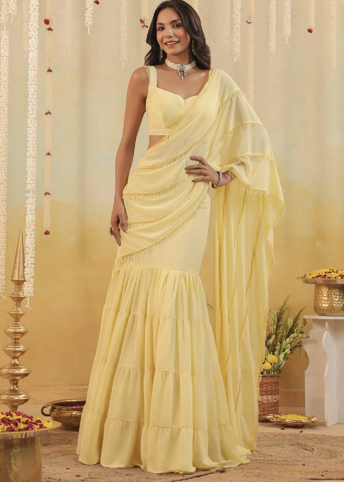 Butter Yellow Pre-Draped Ruffle Sari Image - 0