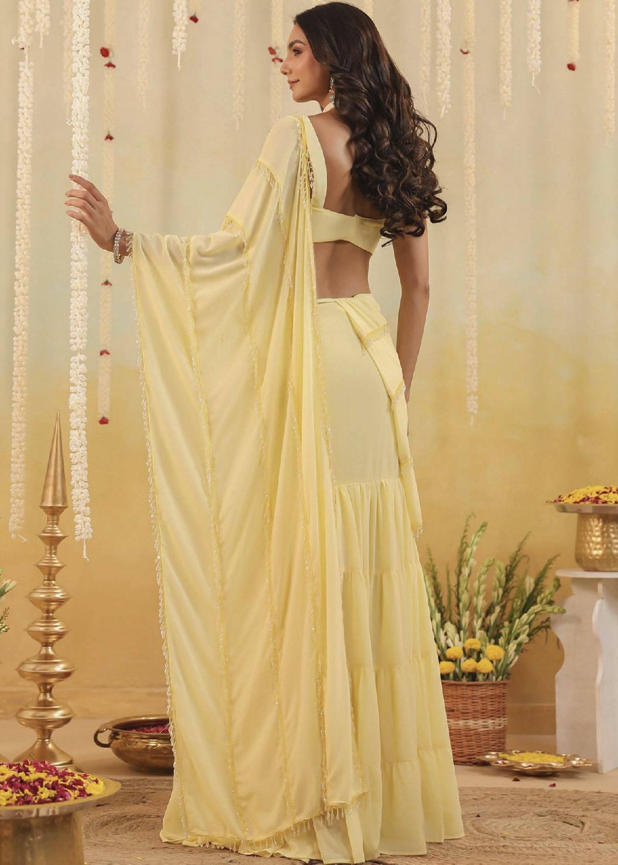 Butter Yellow Pre-Draped Ruffle Sari Image - 1