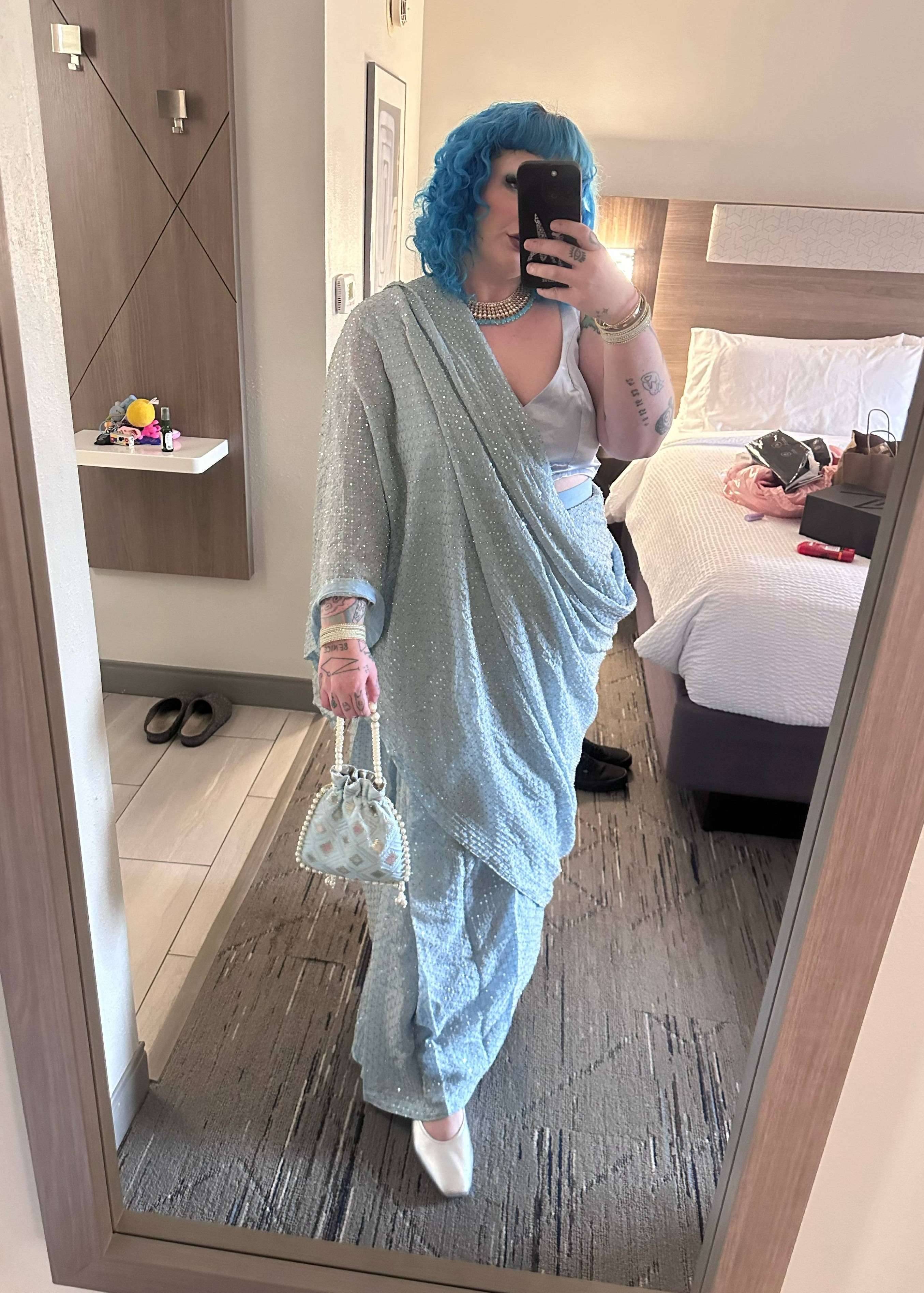 Baby Blue Sequin Pre-Draped Sari Image - 1