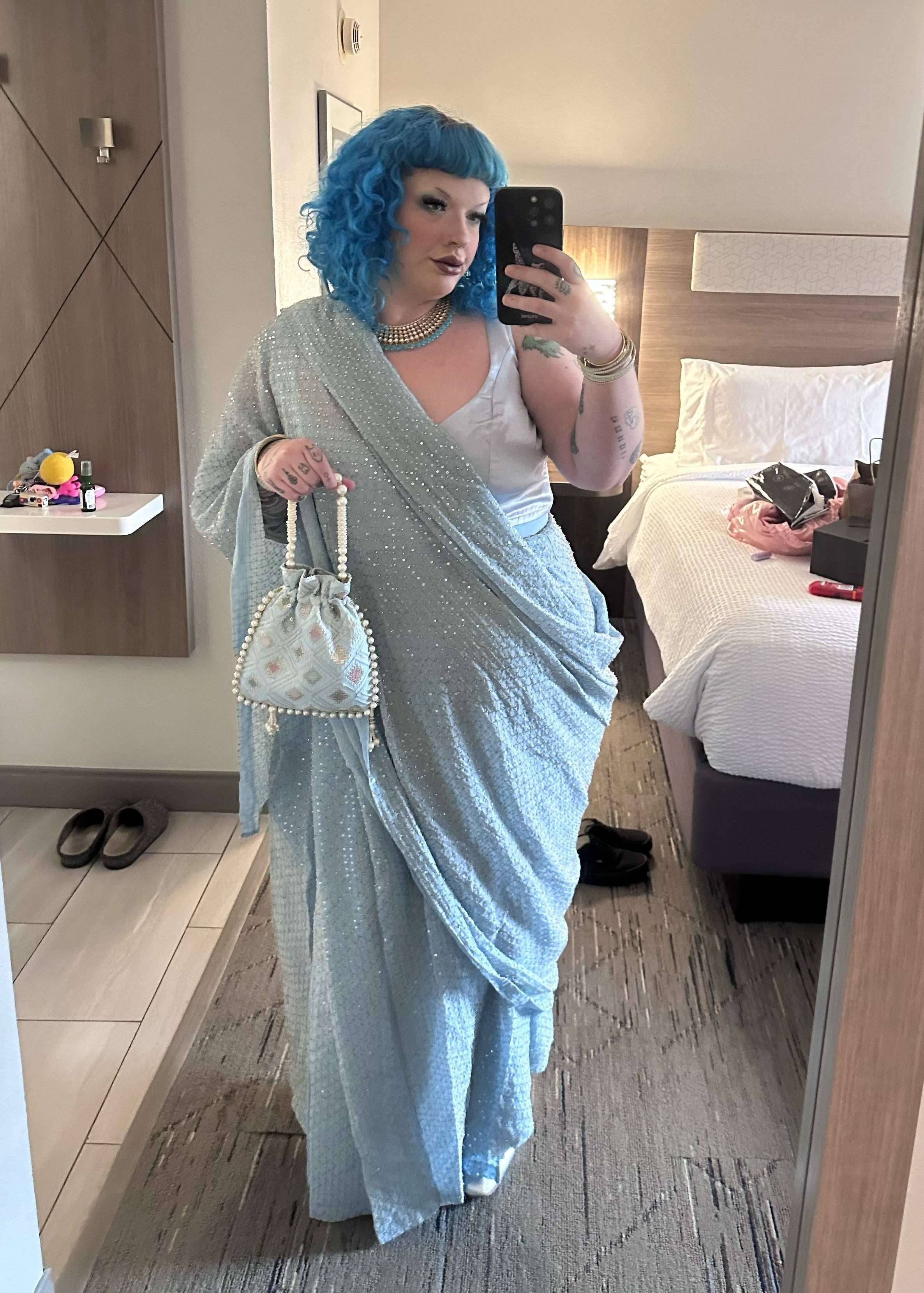 Baby Blue Sequin Pre-Draped Sari Image - 0