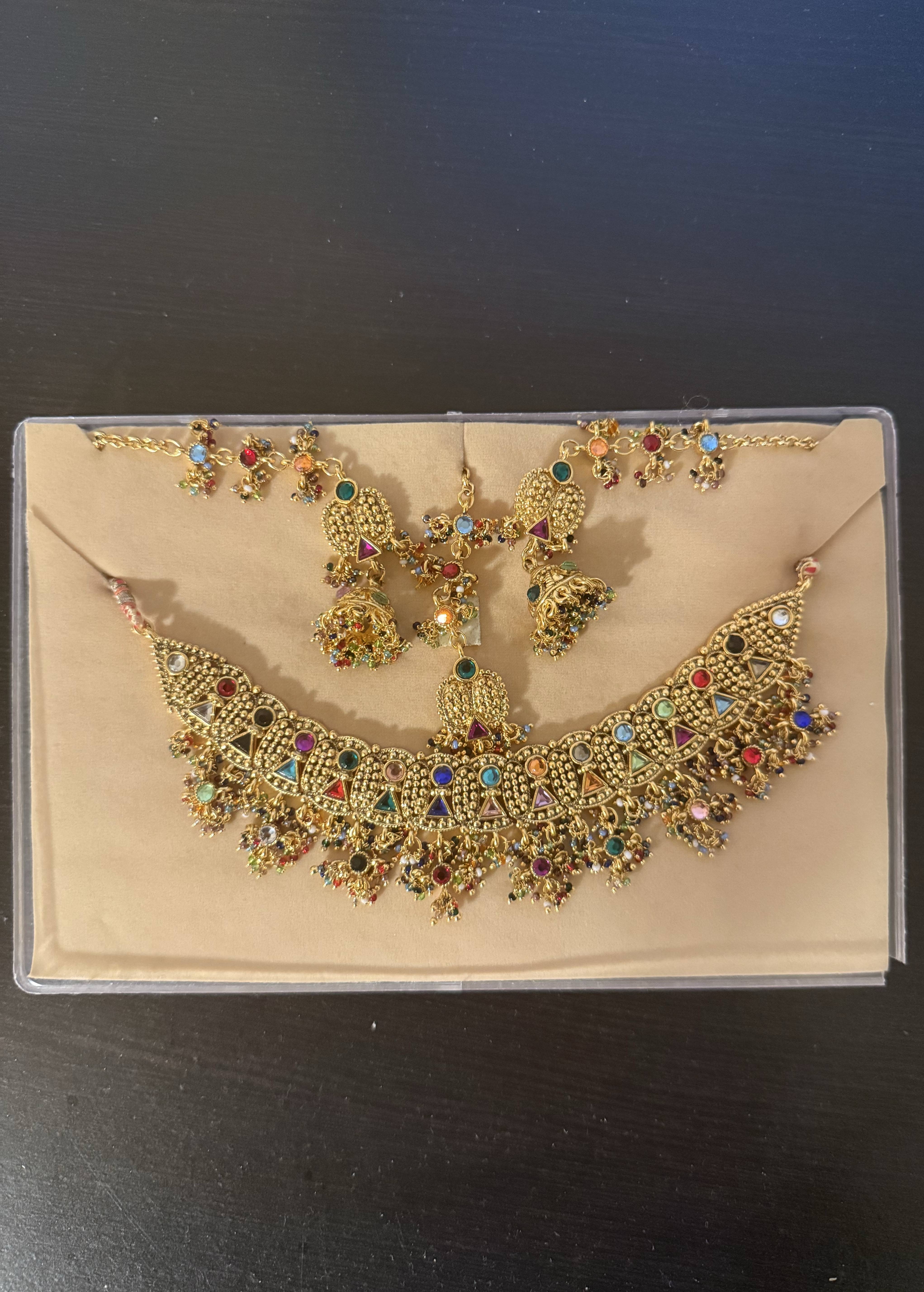 Gold Multicolour Stone Necklace Set Image - 0