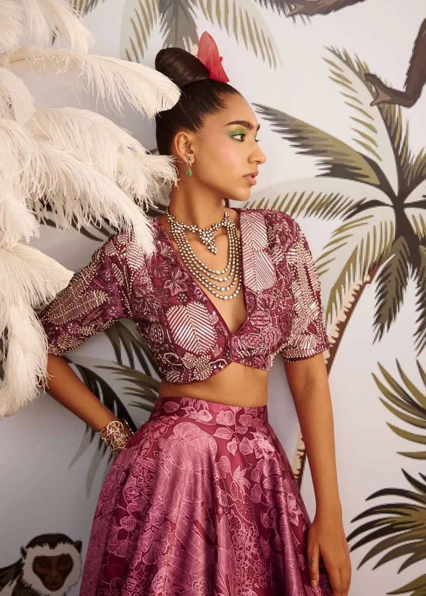 Mauve Pink Tropical Print Lehenga Set Image - 2