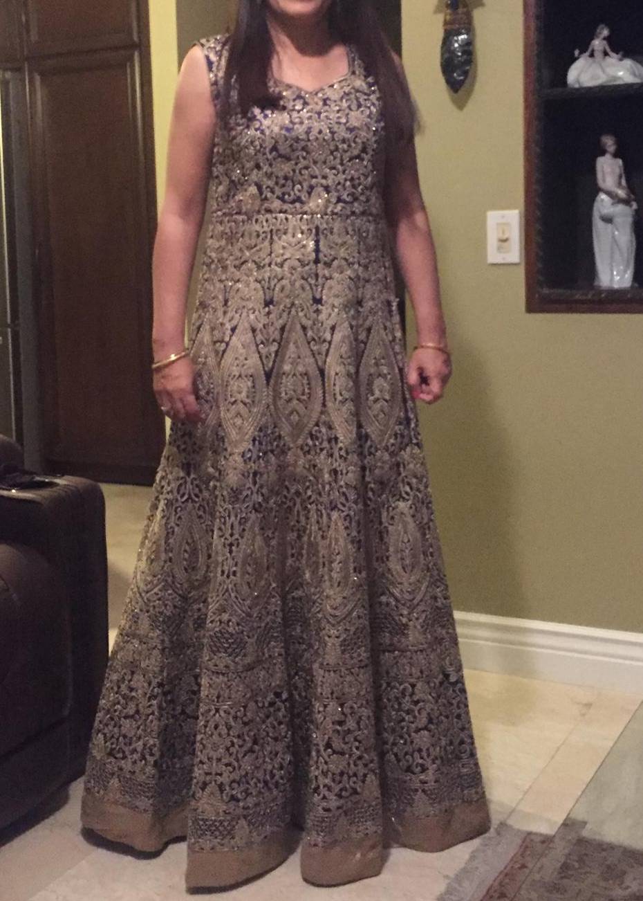 Navy and Gold Zardozi Embroidered Gown Image - 0