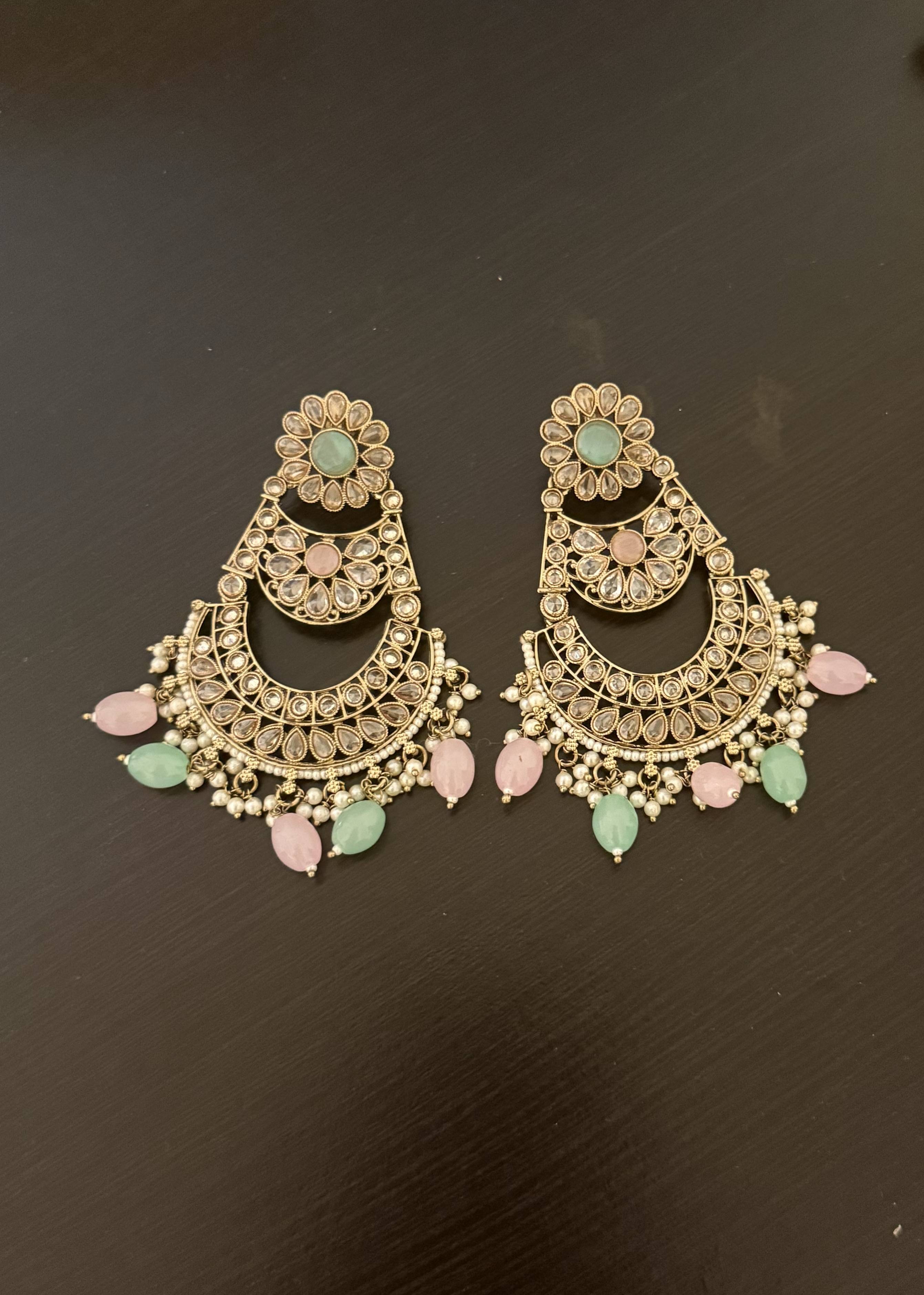 Pink and Mint Chandbali Earrings Image - 0