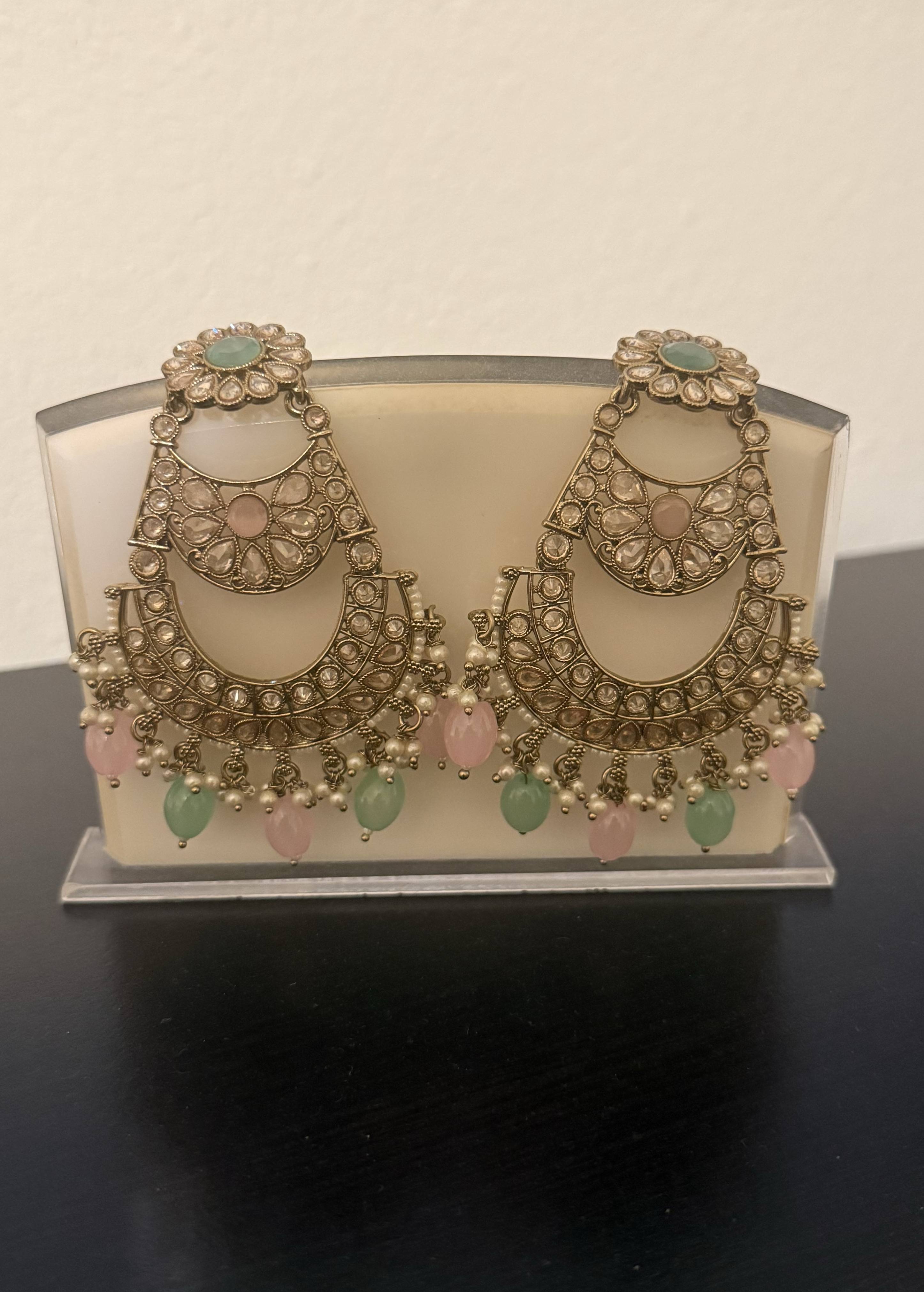 Pink and Mint Chandbali Earrings Image - 1
