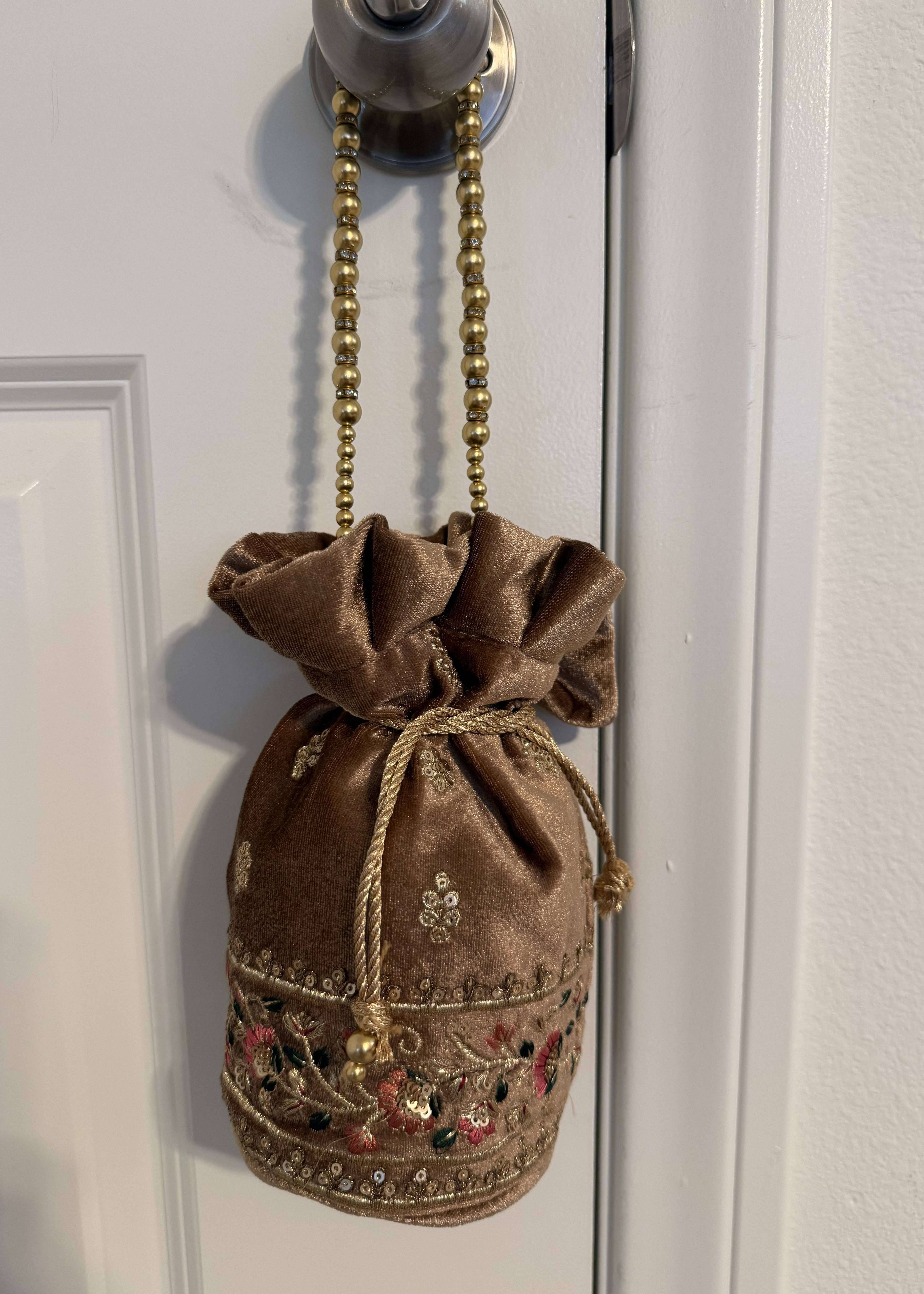 Beige Velvet Embroidered Potli Bag Image - 0