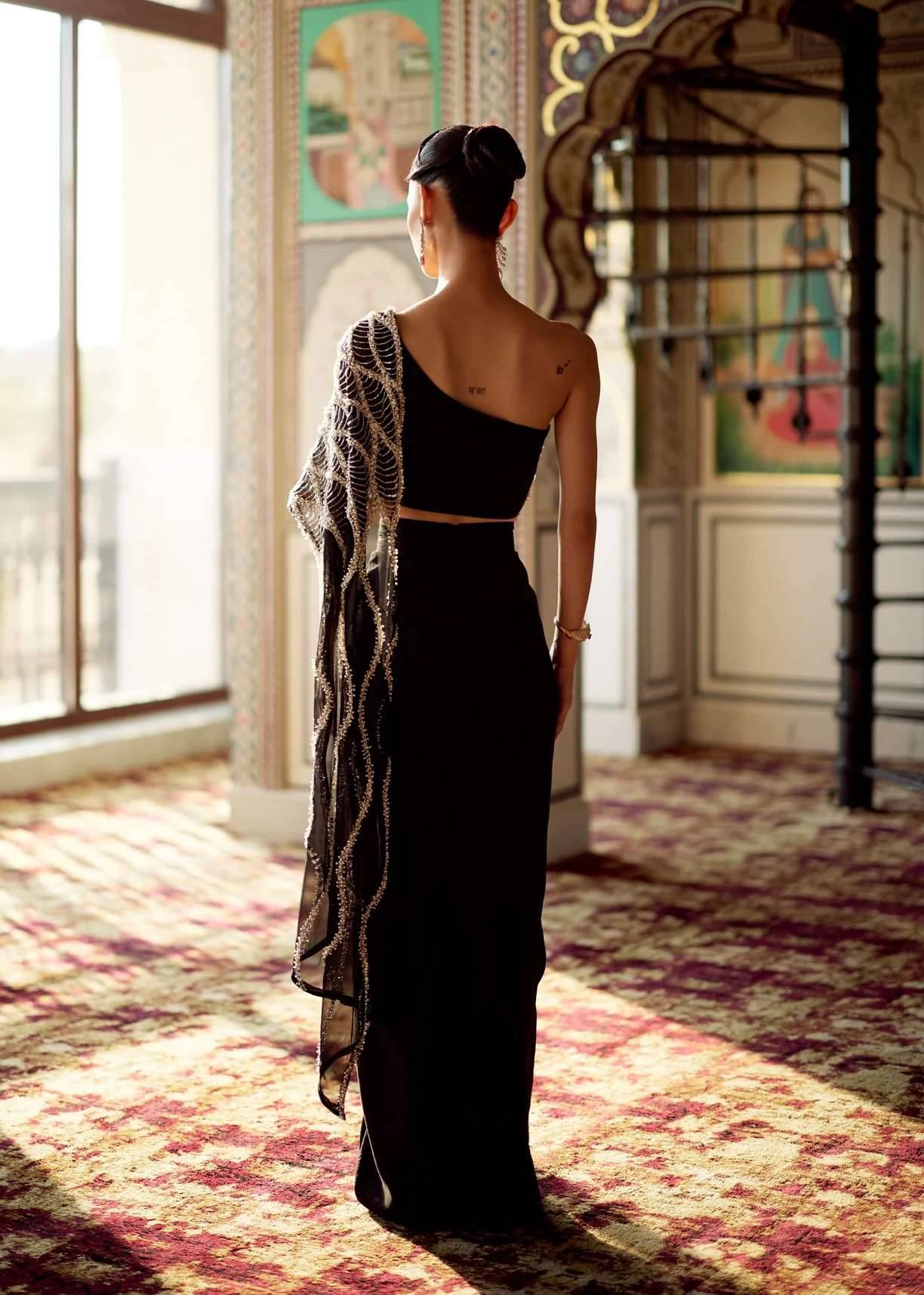 Black Draped Sari Skirt Image - 2