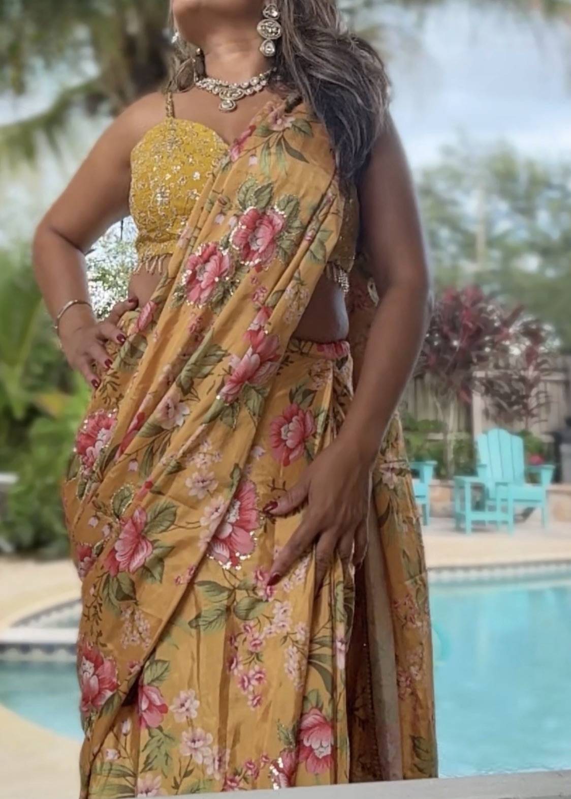 Mustard Floral Pre-Draped Sari Image - 0