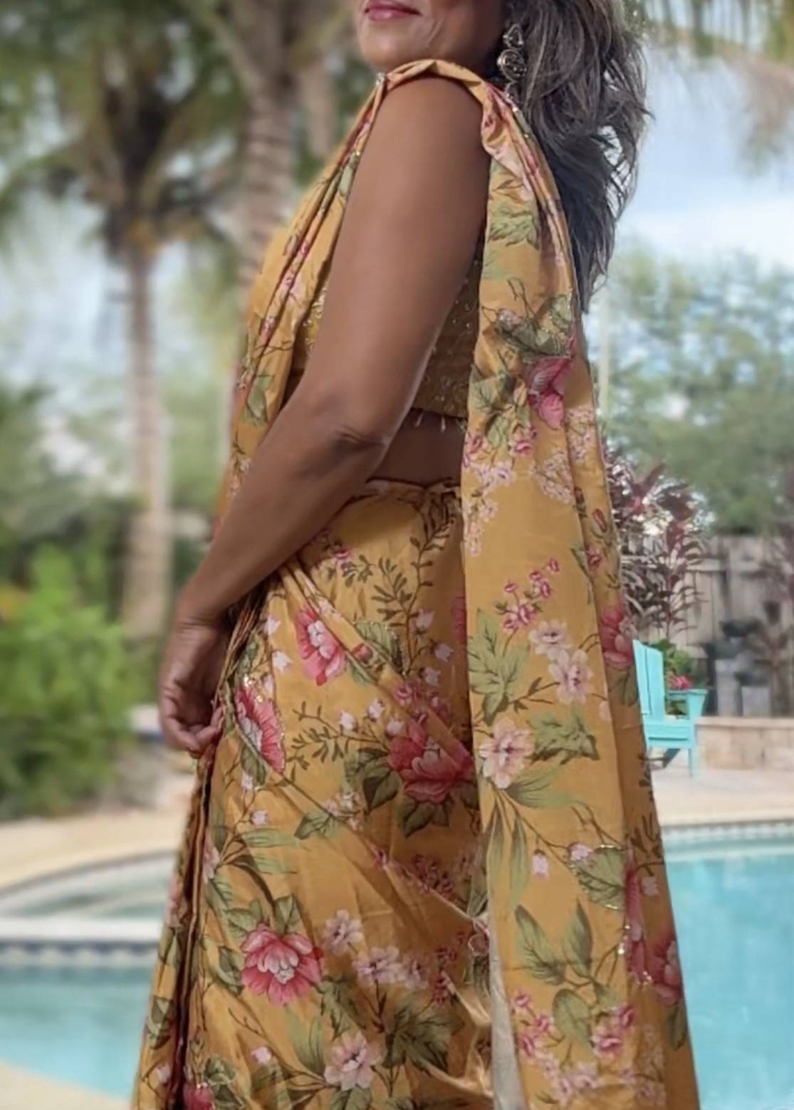 Mustard Floral Pre-Draped Sari Image - 1
