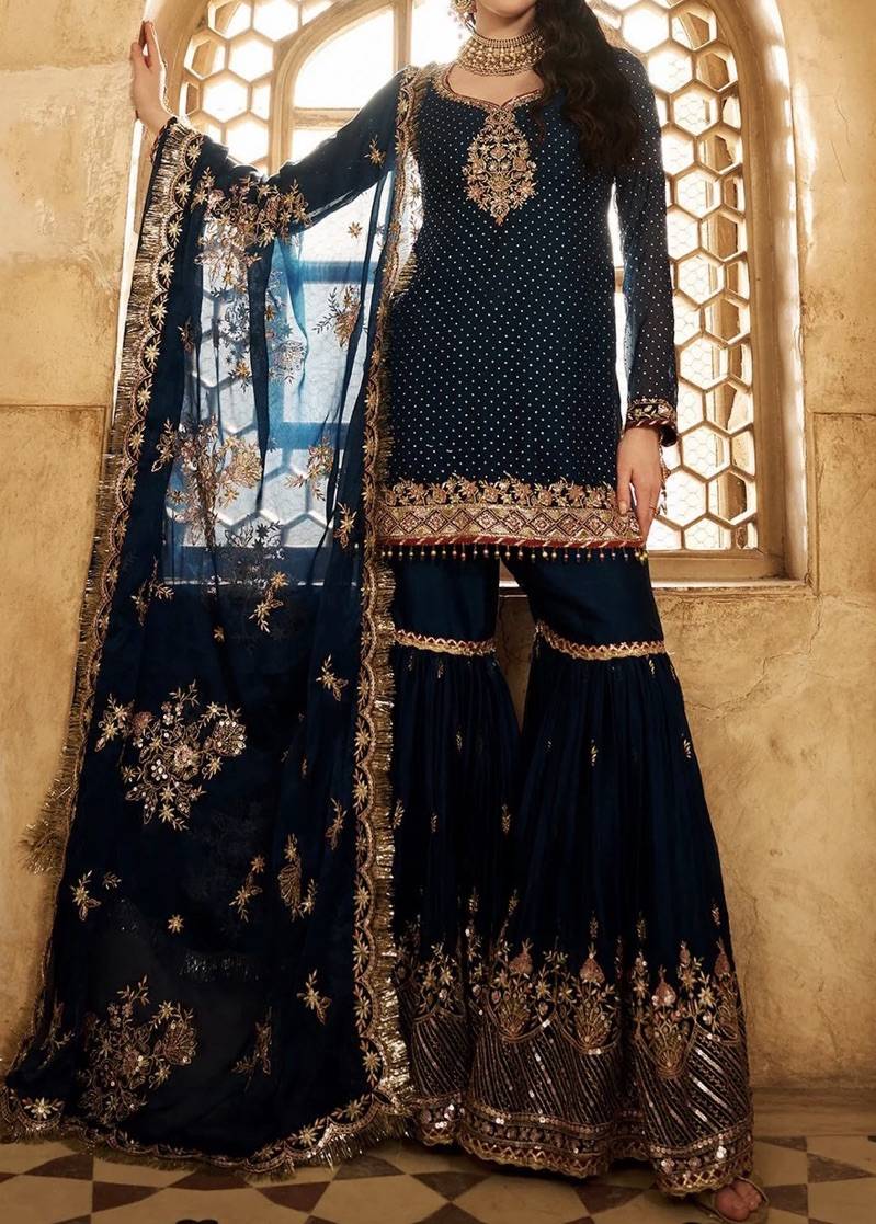 Dark Teal Embroidered Gharara Set Image - 0