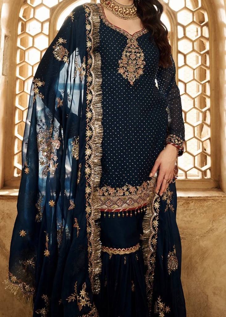 Dark Teal Embroidered Gharara Set Image - 2