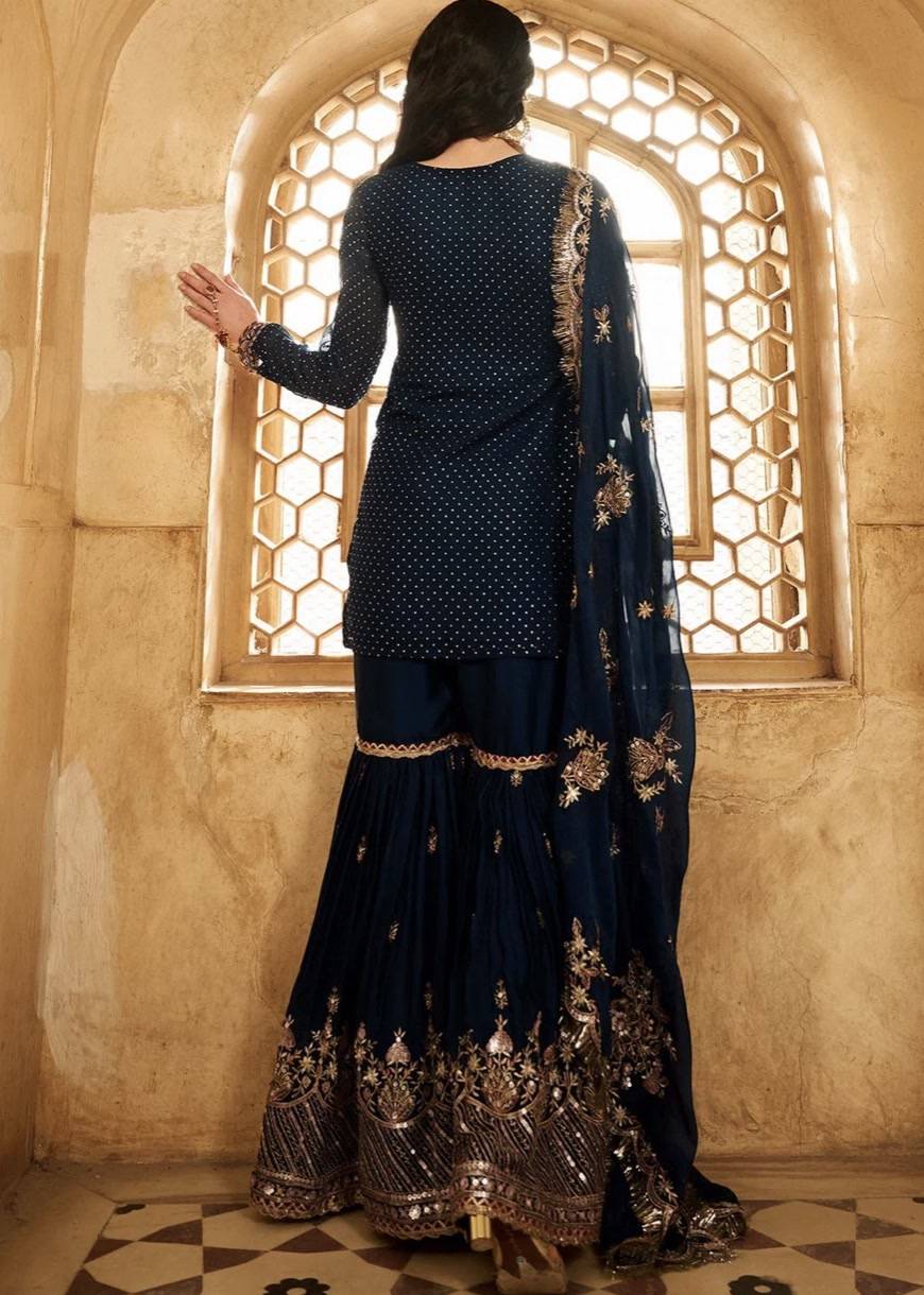 Dark Teal Embroidered Gharara Set Image - 4