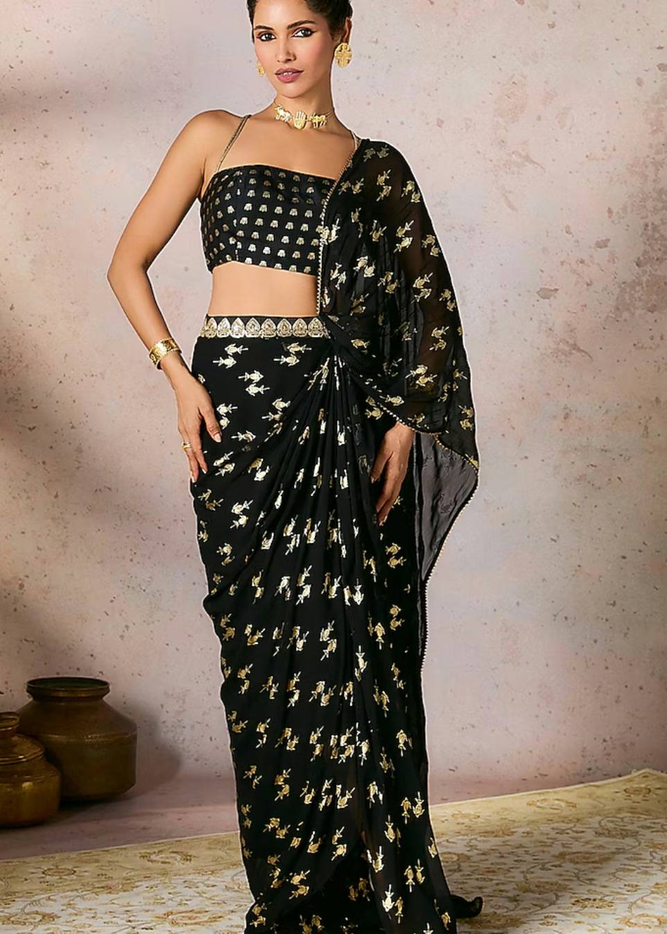 Black Gold Butti Pre-Draped Sari Image - 0