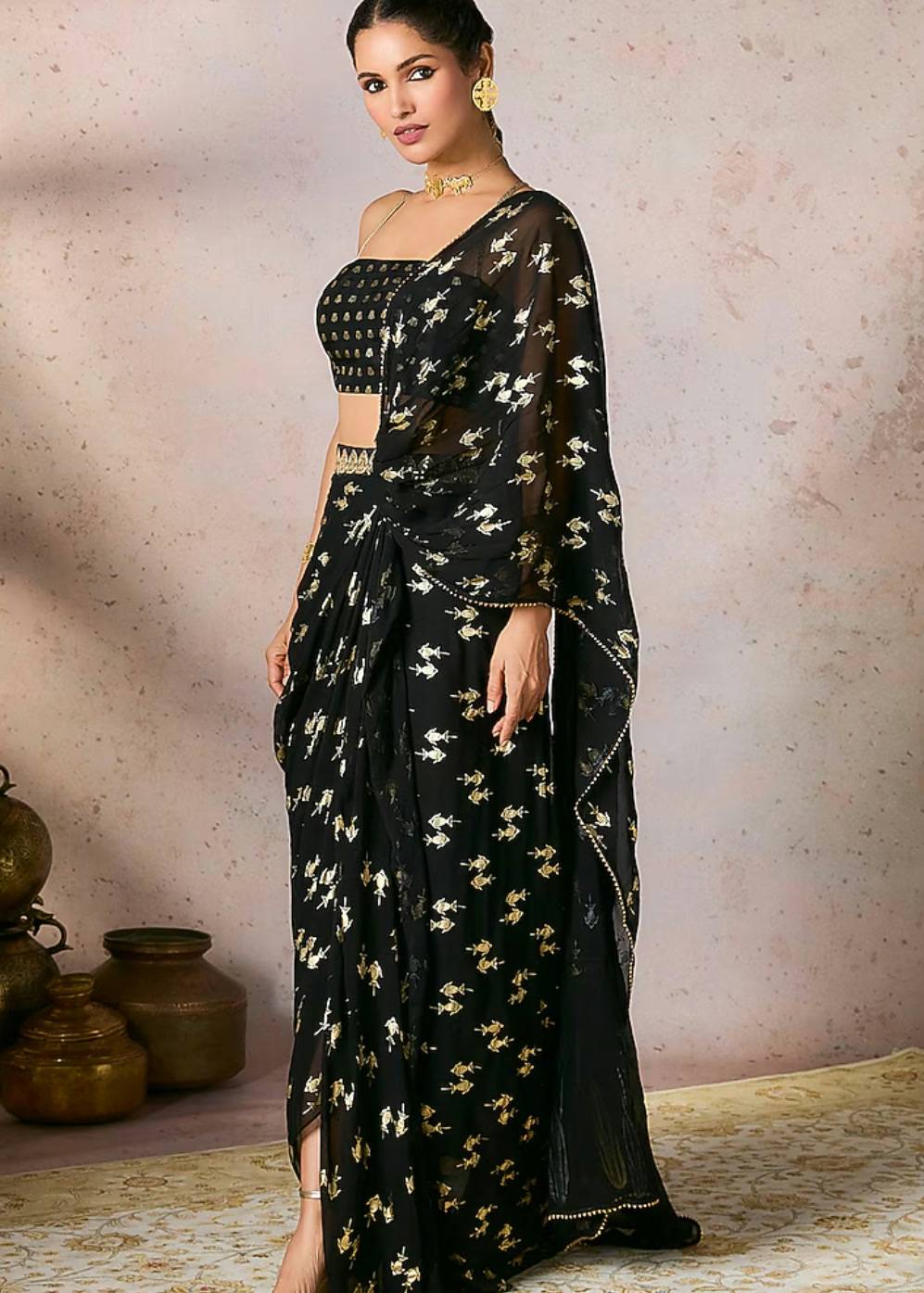 Black Gold Butti Pre-Draped Sari Image - 1