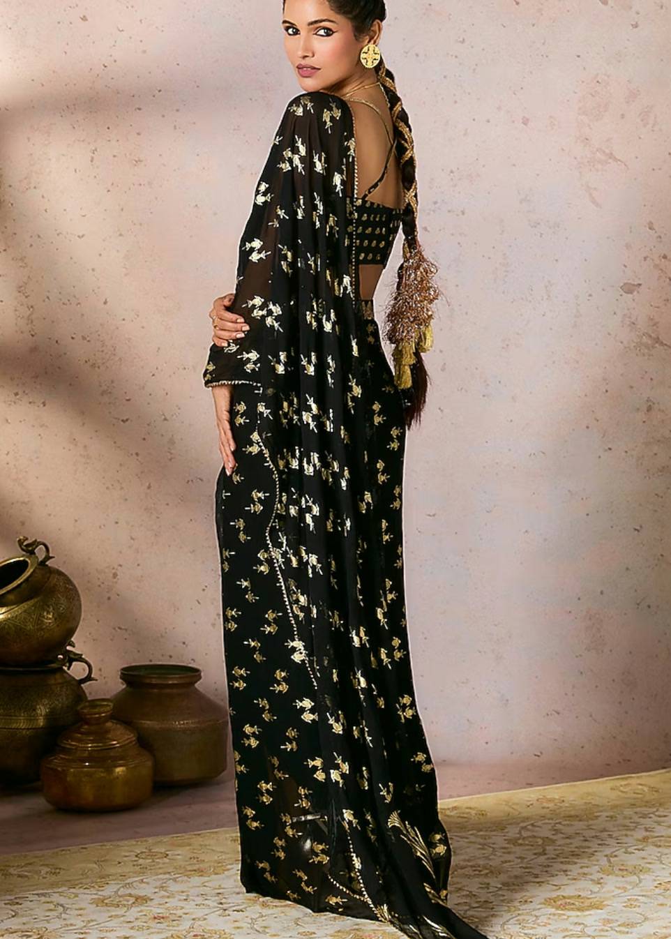 Black Gold Butti Pre-Draped Sari Image - 2