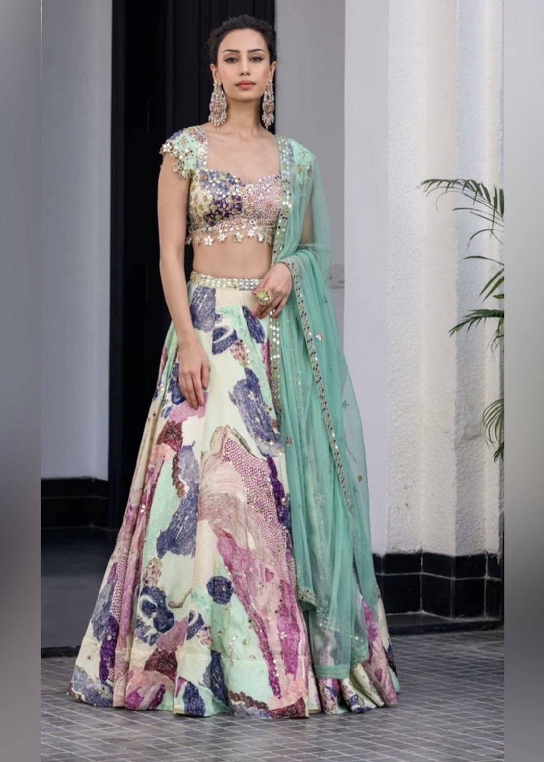 Pastel Printed Mirror Work Lehenga Image - 0