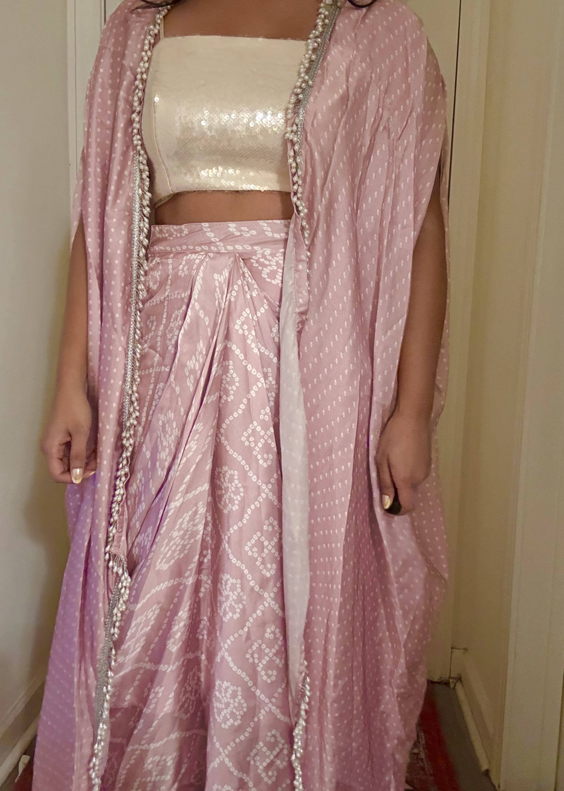Pink Bandhani Dhoti & Cape Set Image - 1