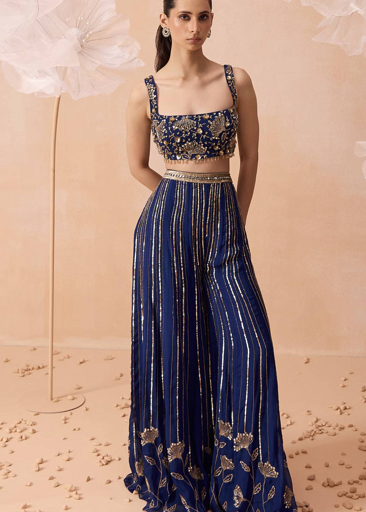 Navy Sequin Sharara Set Image - 0