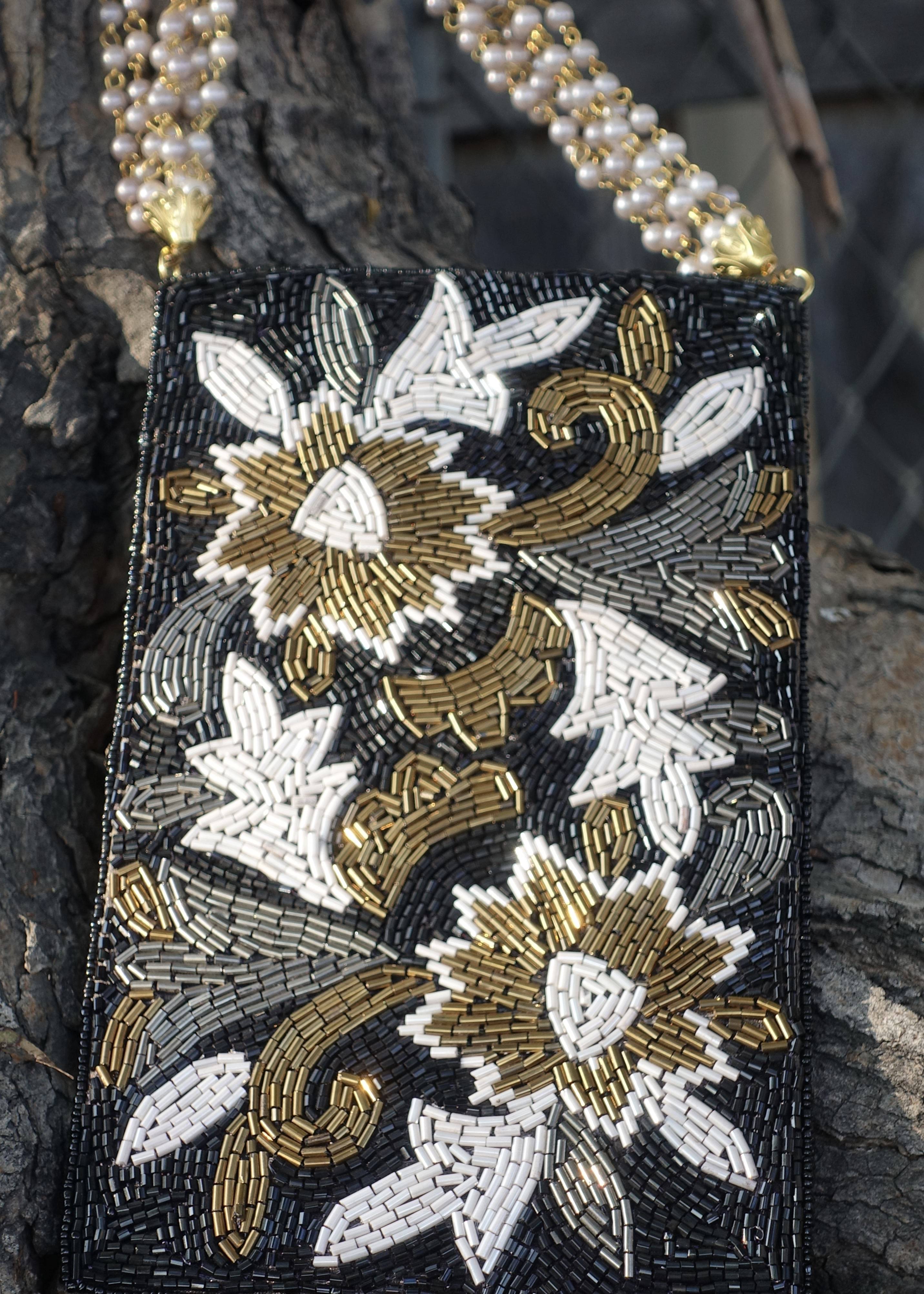 Black Beaded Floral Clutch Image - 2