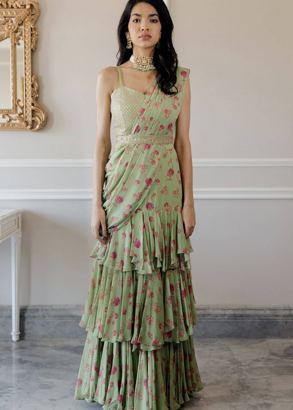 Sage Green Floral Pre-Draped Sari Image - 0